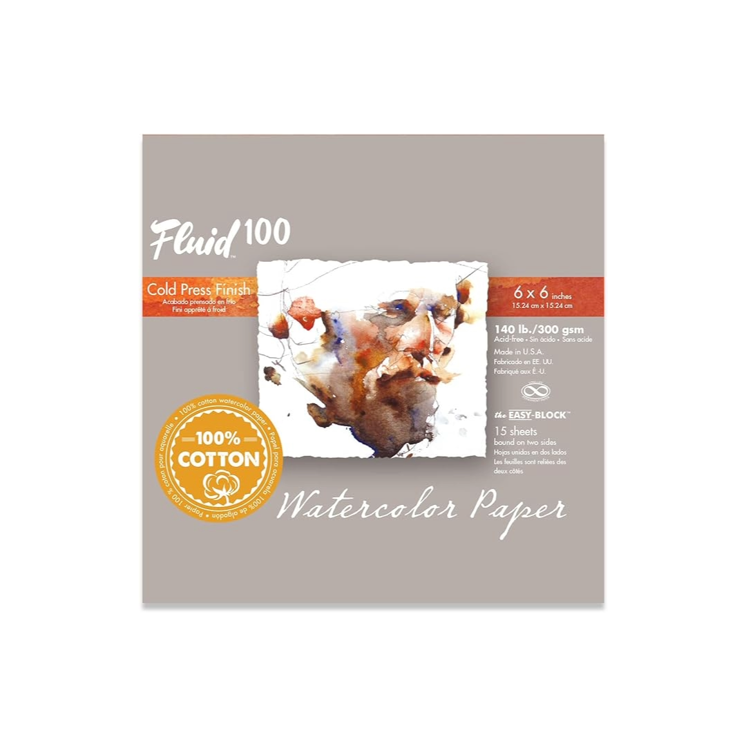 Fluid 100 Blocco Carta Per Acquerelli 10x15 Cm - 15 Fogli In Cotone 300 G/m², Pressato A Freddo, Easy-Block