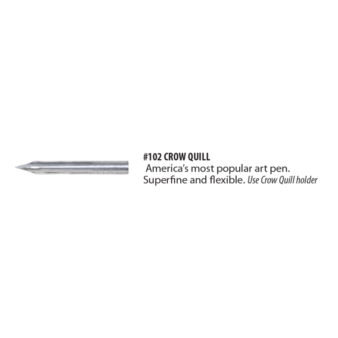 A small circular nib with a fine point and silver finish next to a description of the nib, 'superfine and flexible. Use Crow Quill Holder' on a white background 