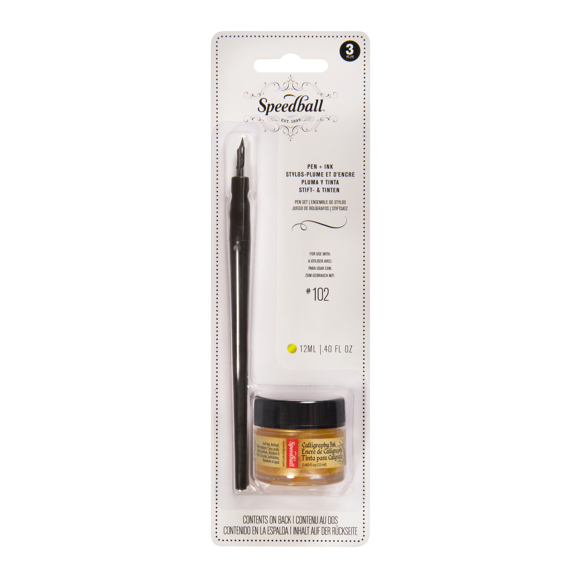 Speedball calligraphy set with ink bottle and pen on a white background