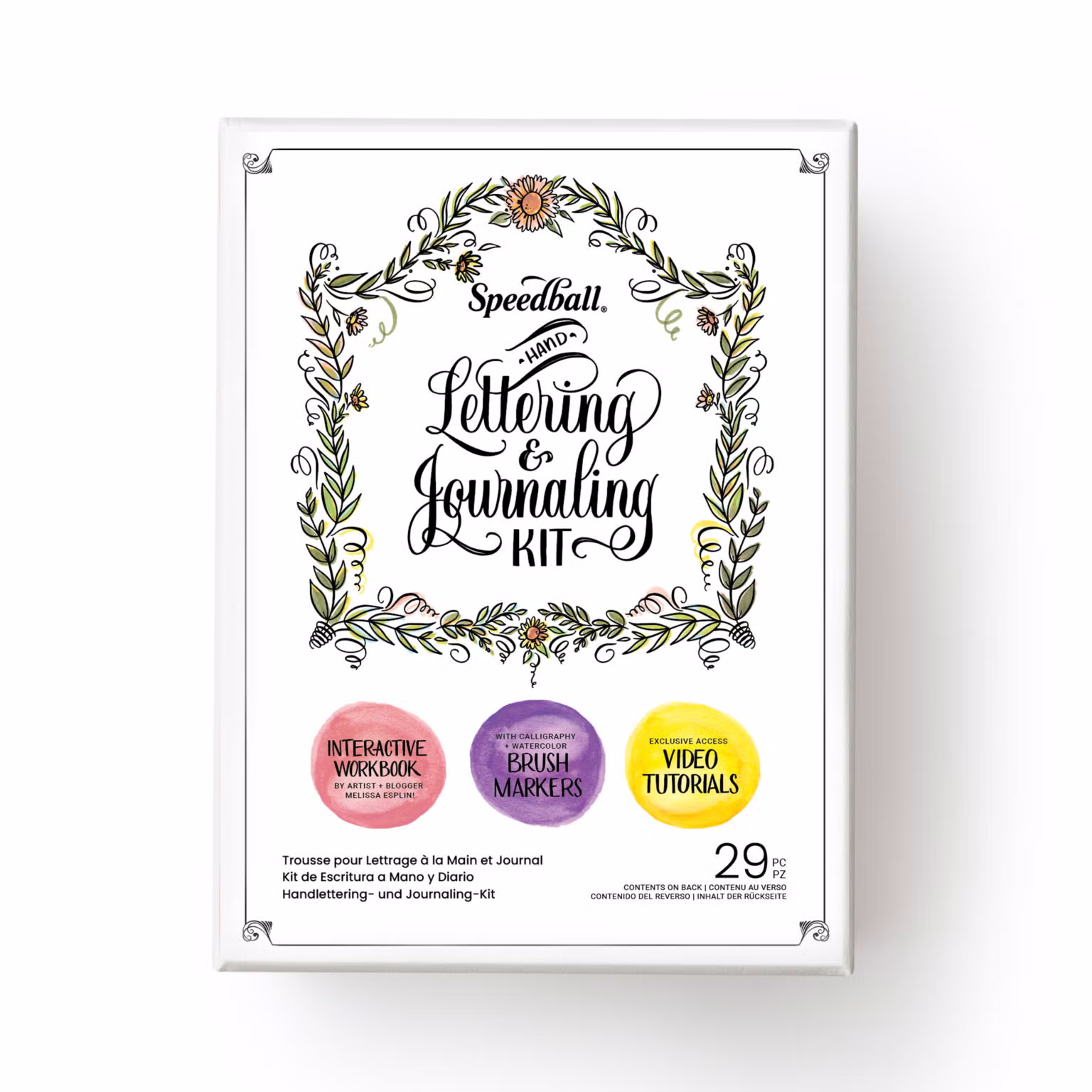 Packaging for Speedball Lettering Journaling Kit, featuring a black and white design with floral accents.