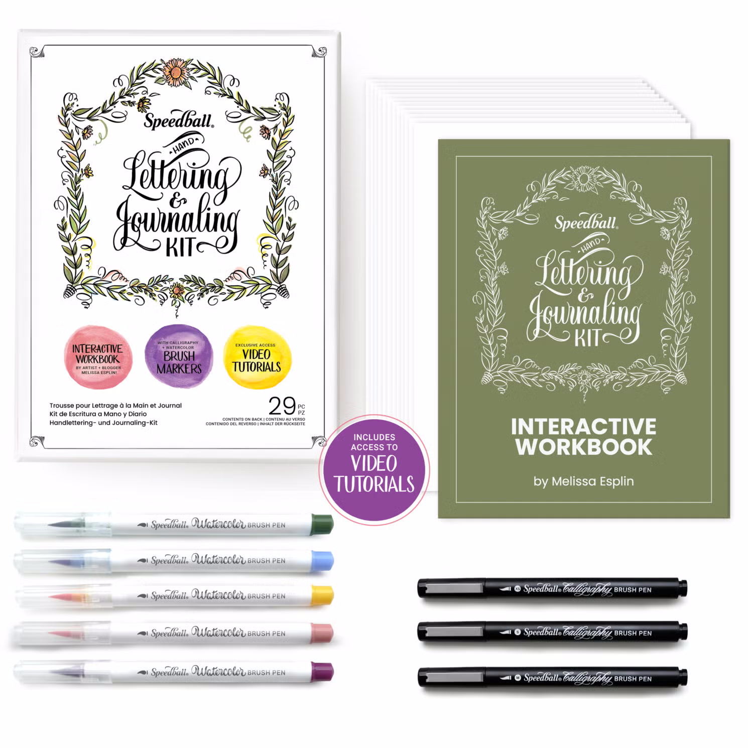 Lettering and Journal Kit with 5 colour brush pens, 3 black brush pens and an interactive workbook and paper for lettering. laid out with packaging on a white background.
