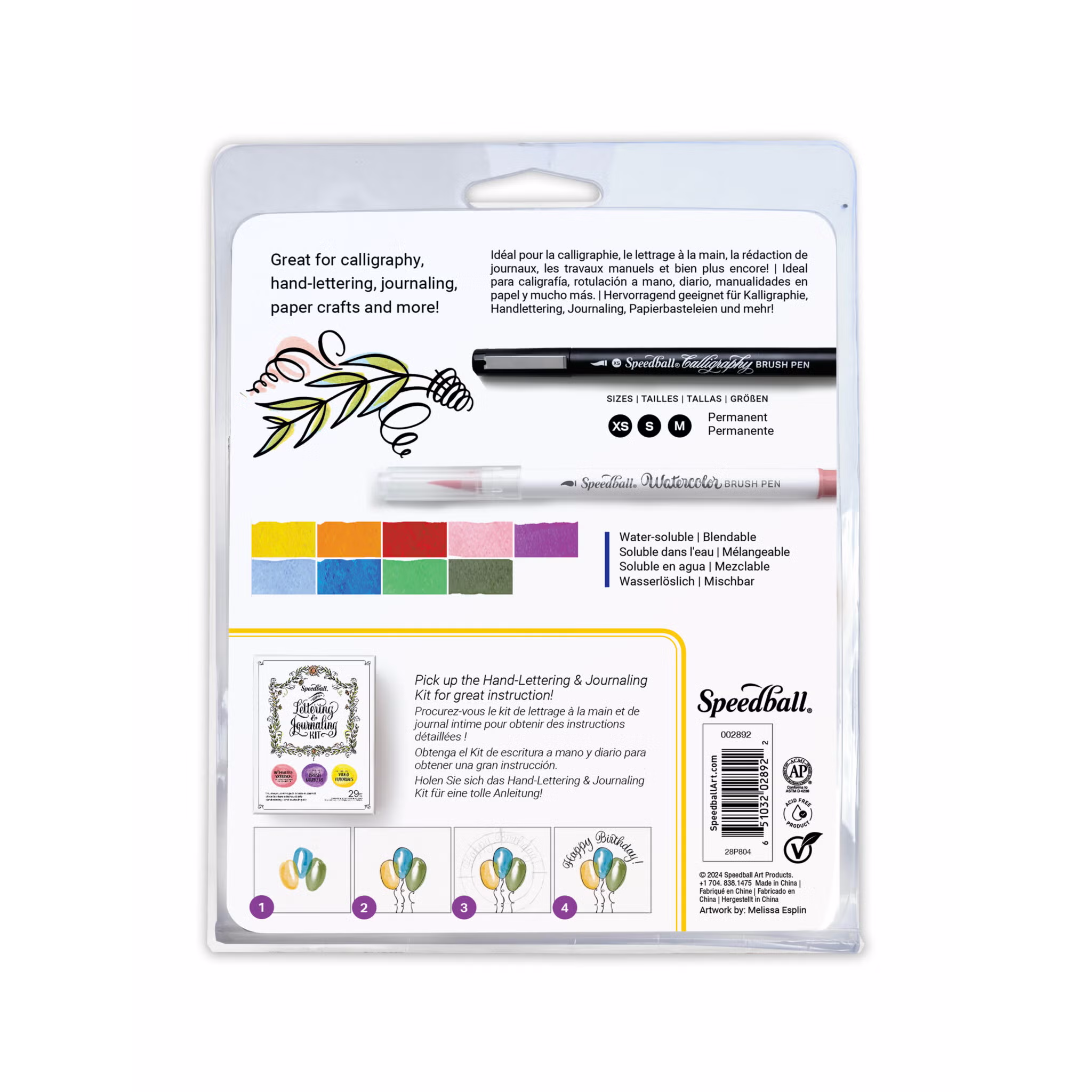 Back of a clear packet  with a white paper that shows the colour swatches and details of brush pens included in the set.
