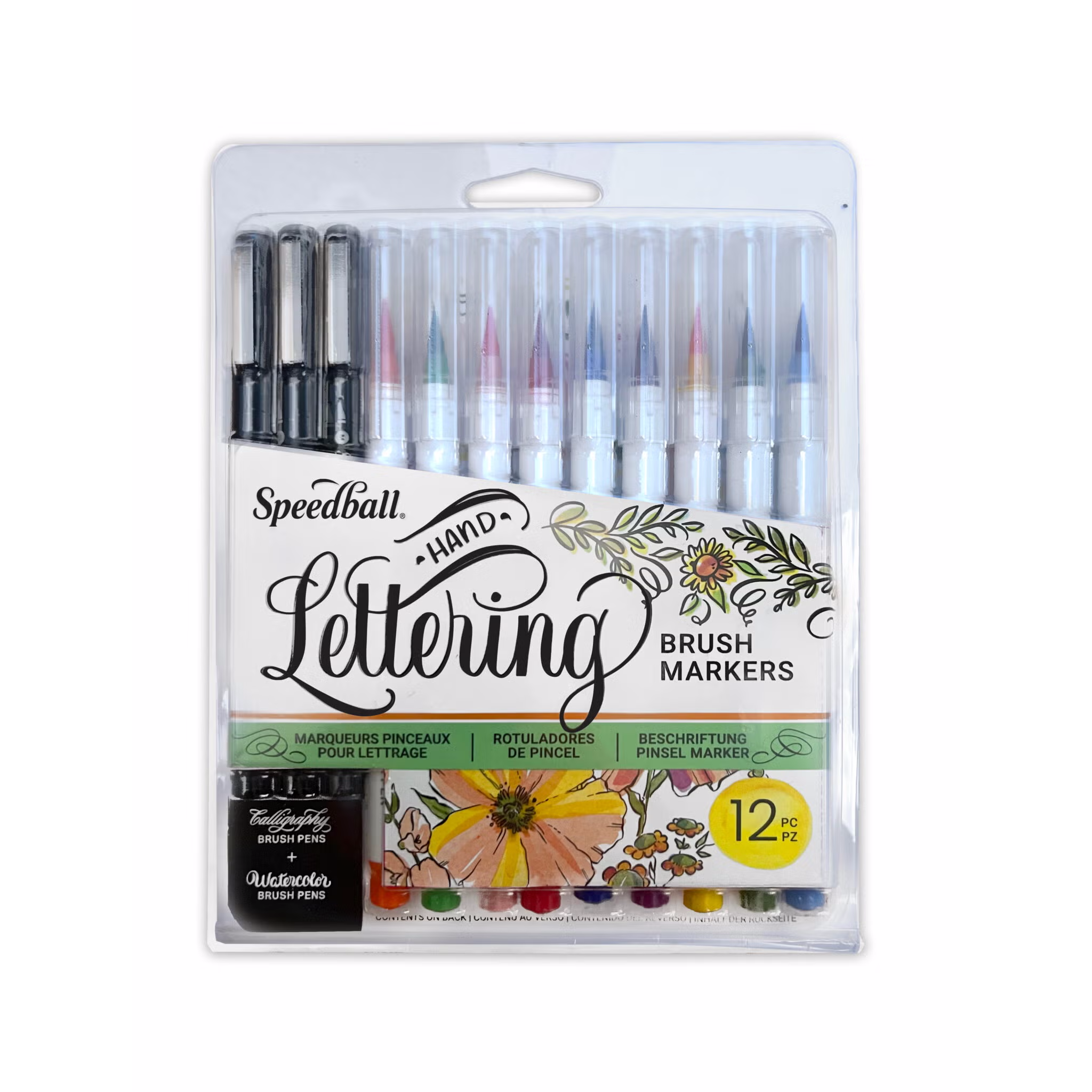 A Clear packet of coloured and black brush markers for hand lettering displayed on a white background