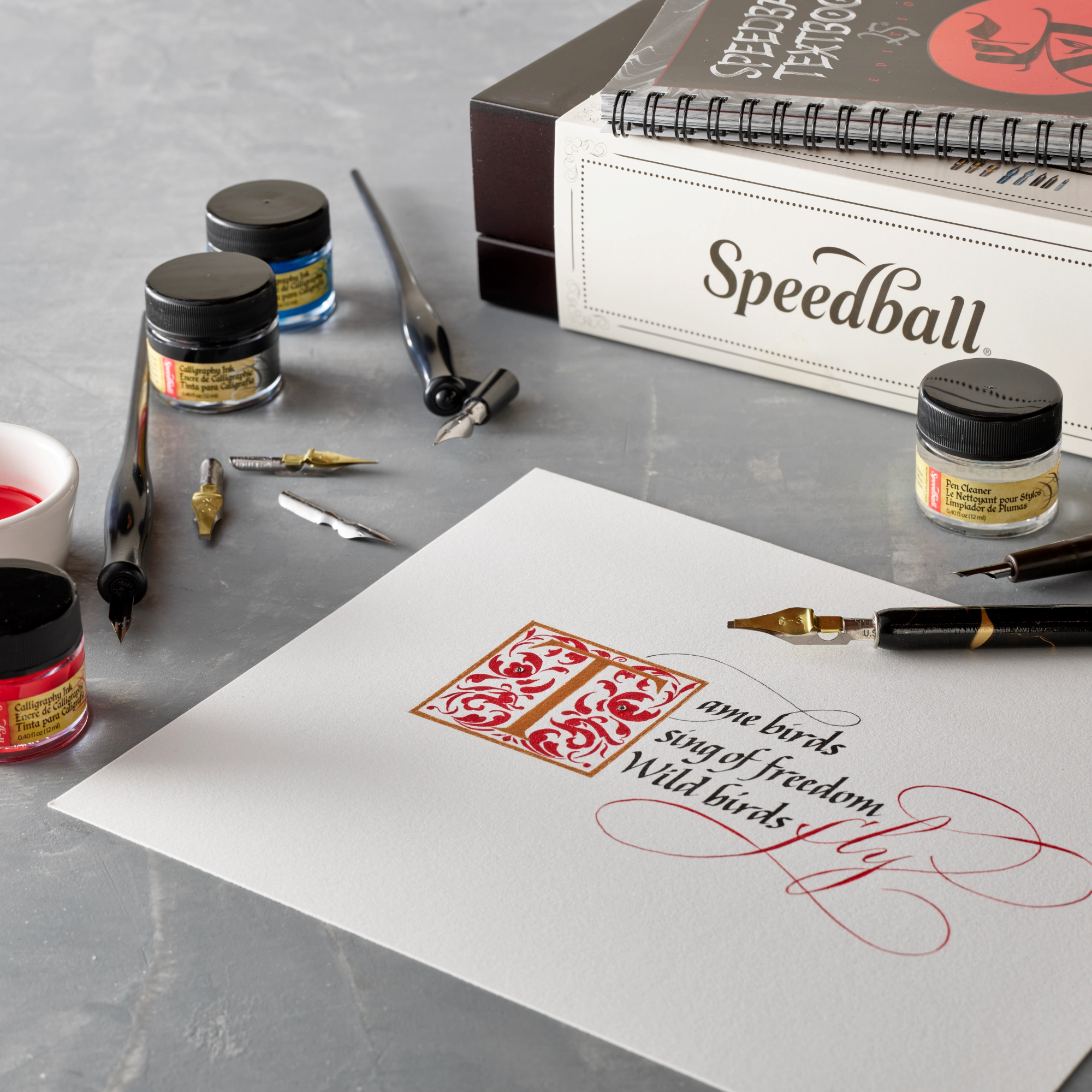 Calligraphy set, ink bottles and nibs, around a piece of paper with a red and black calligraphy design on a smooth gray surface.