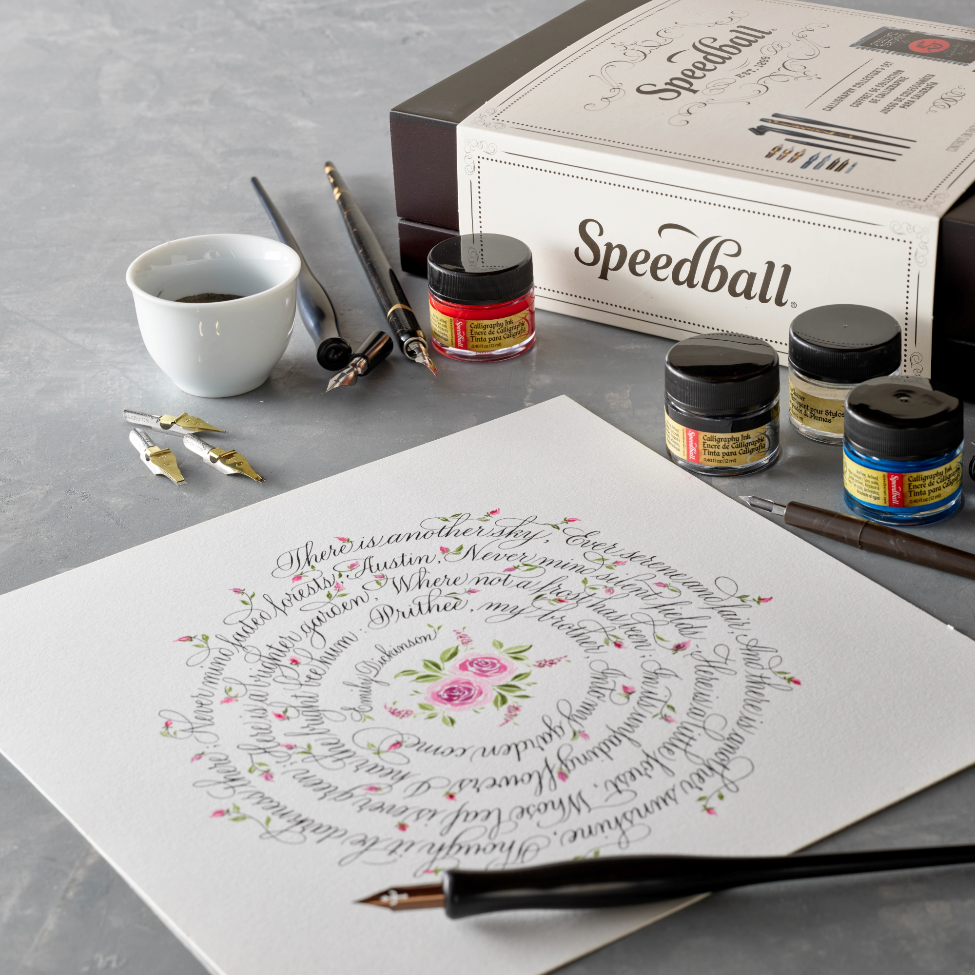 Calligraphy set, ink bottles, a pot of ink, nib holders and loose nibs around a piece of paper with a calligraphy design displayed on a smooth gray surface.