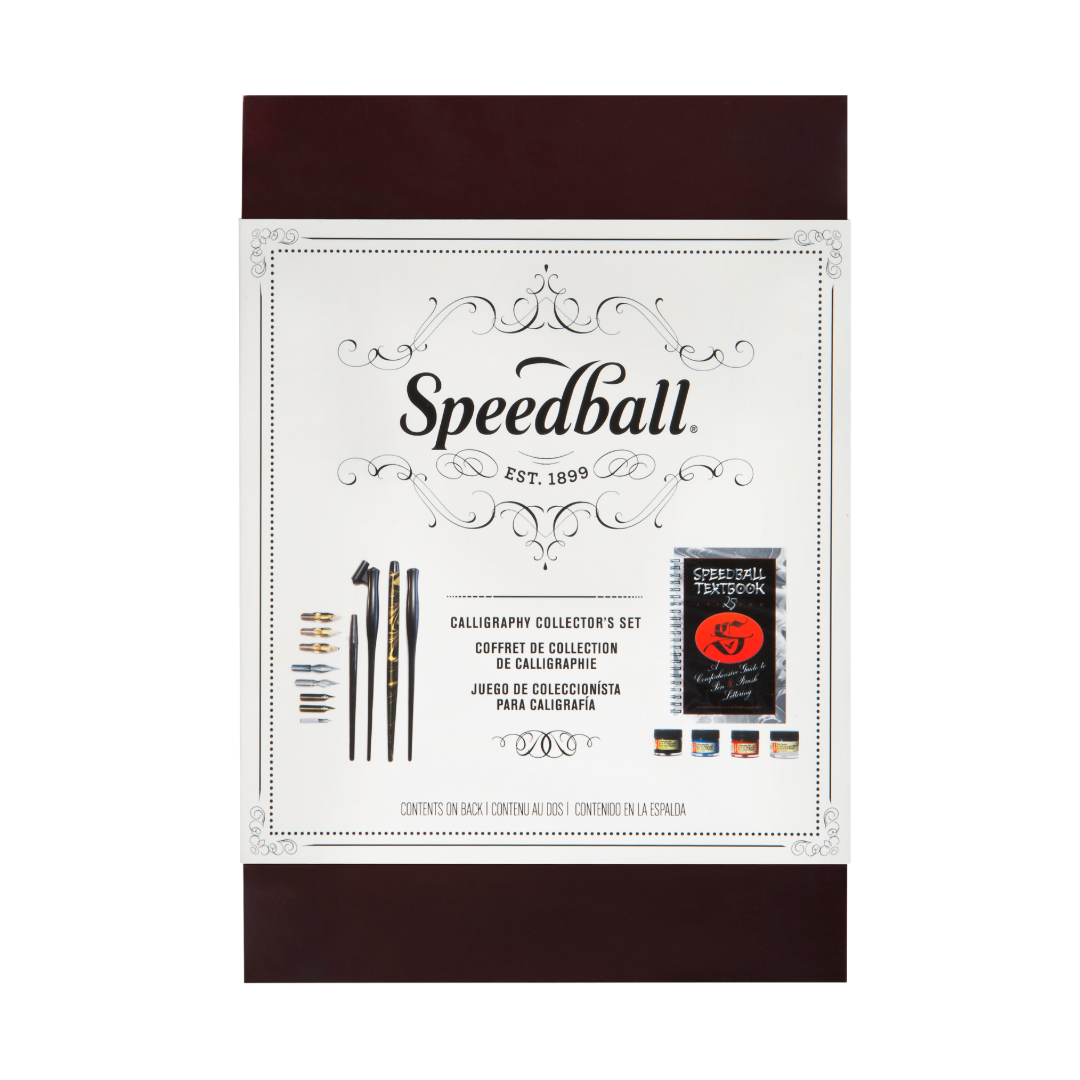 Burgundy Box with a white label featuring images of the contents including 4 ink, 4 nib holders, 8 nibs and a speedball textbook. Shown on a white background.