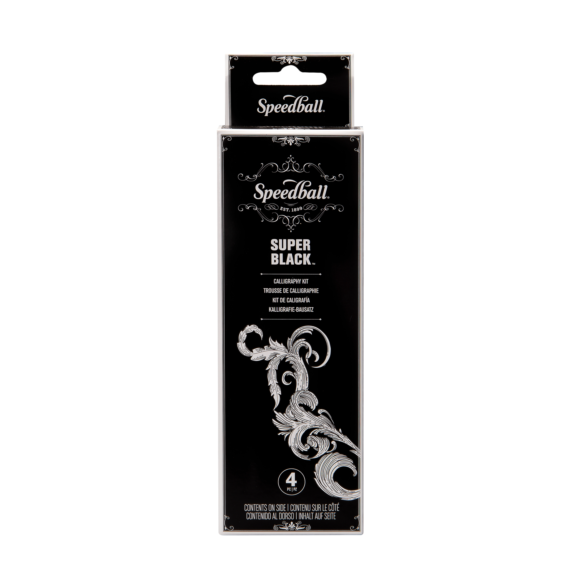 A black box with white line drawings labelled 'Speedball Super Black Calligraphy Kit'  on a white background