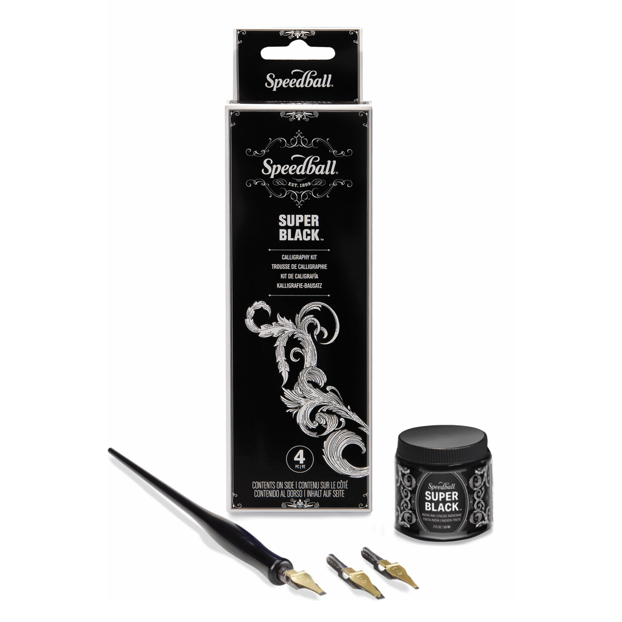 Speedball Super Black calligraphy set with super black ink bottle, 3 nibs, one handle and packaging on a white background