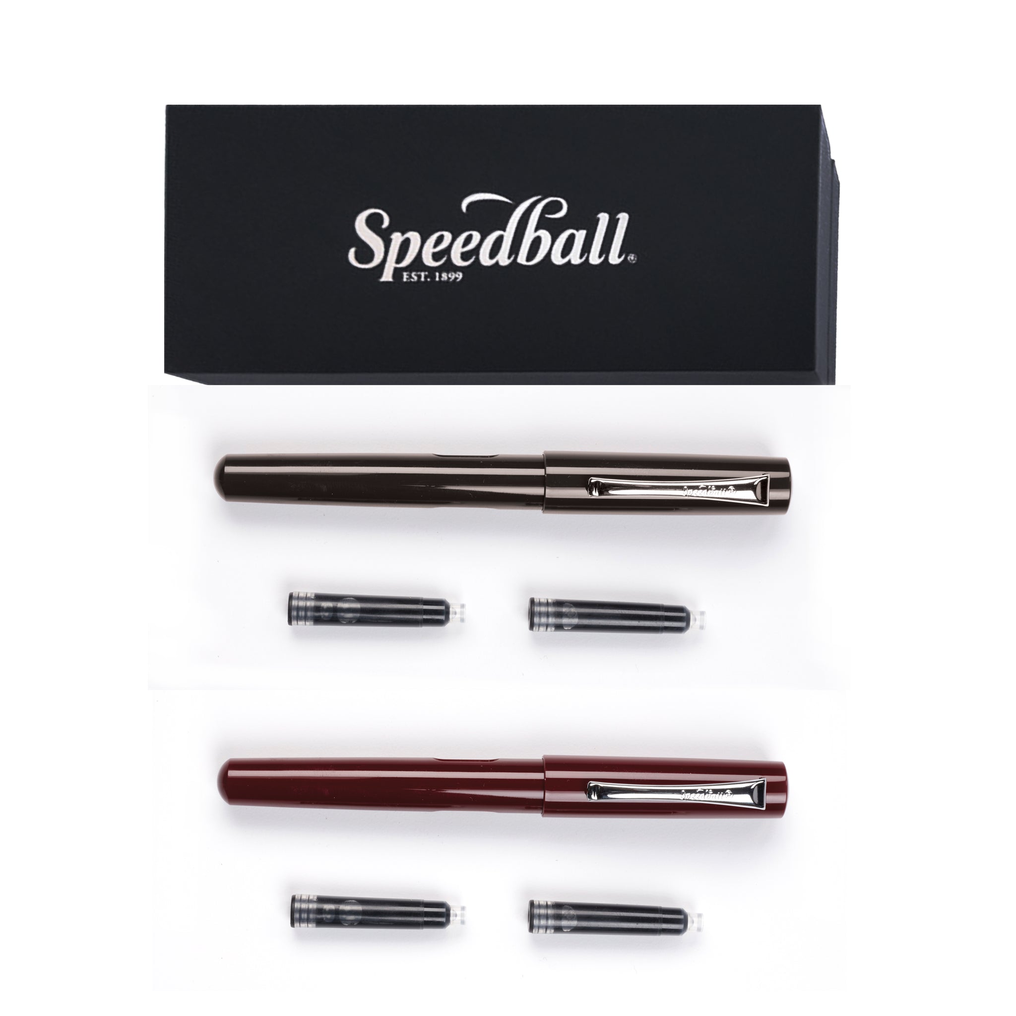 Speedball pen set with pens and ink cartridges on a white background