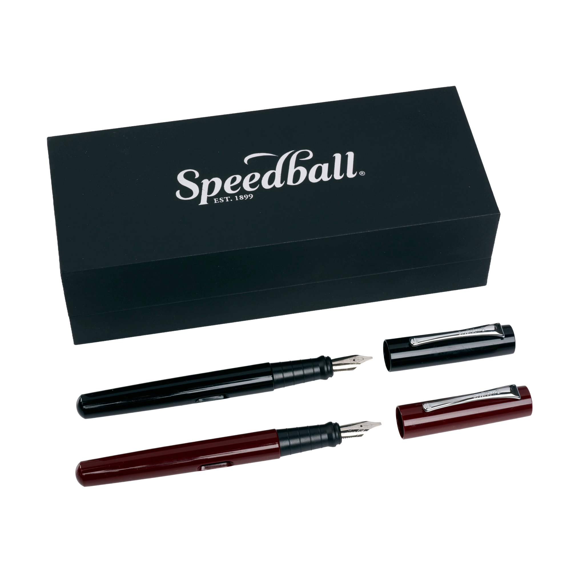 Speedball fountain pen set with black and red pens and a dark blue box on a white background