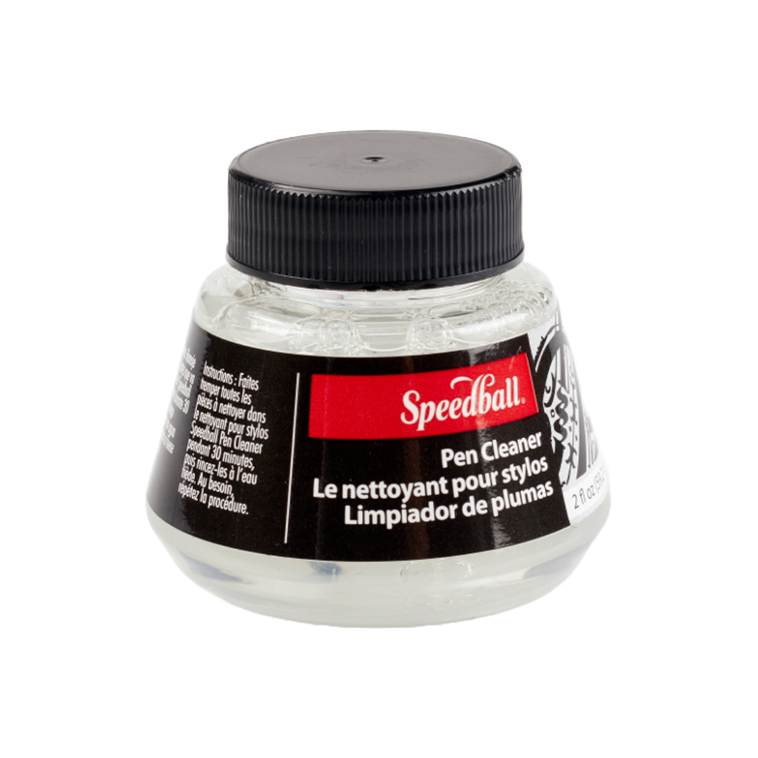 A clear bottle of Speedball Pen Cleaner with a label indicating its use for cleaning pens and brushes. On a white background.