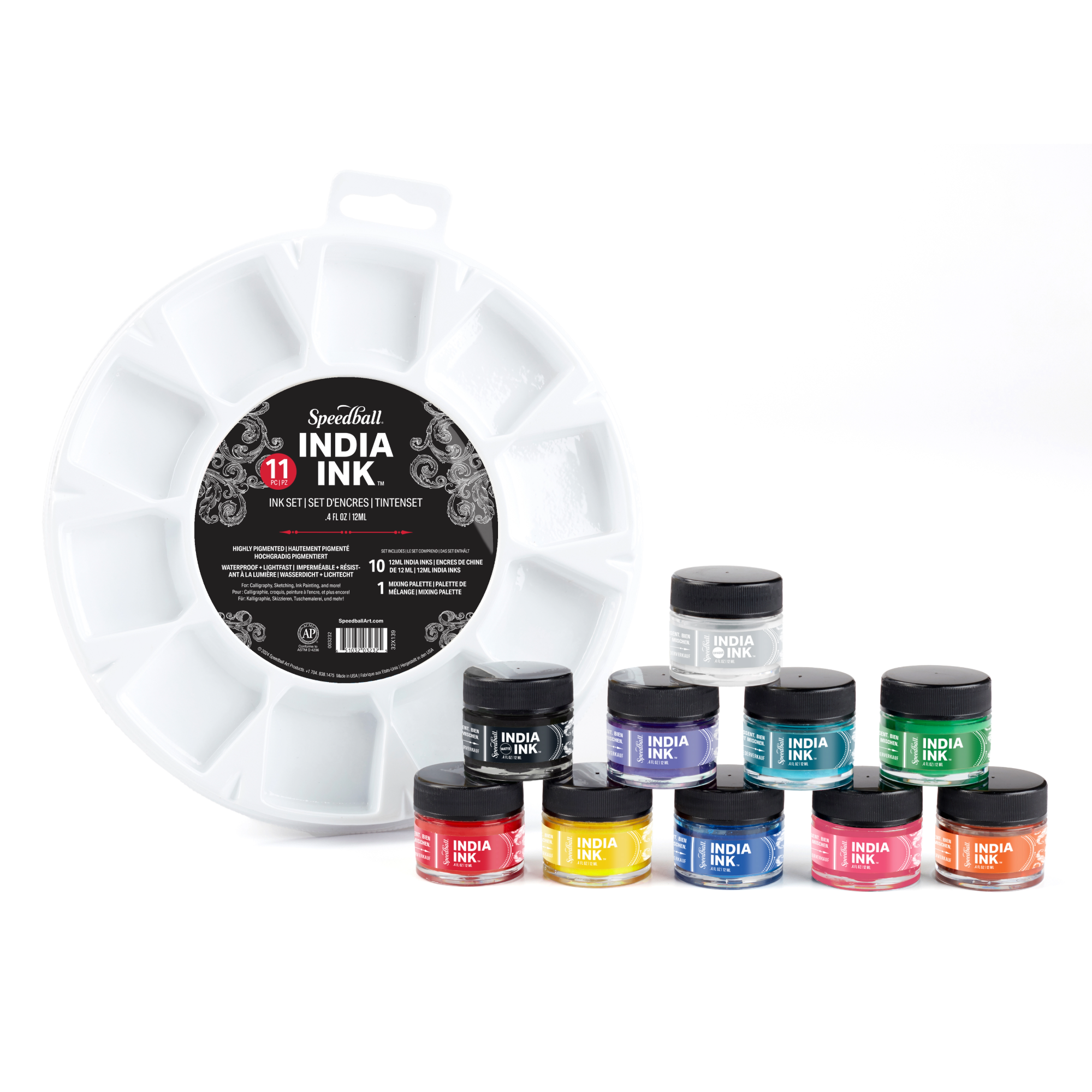 Set of Speedball India Ink jars in various colours with a white inkwell on a white background