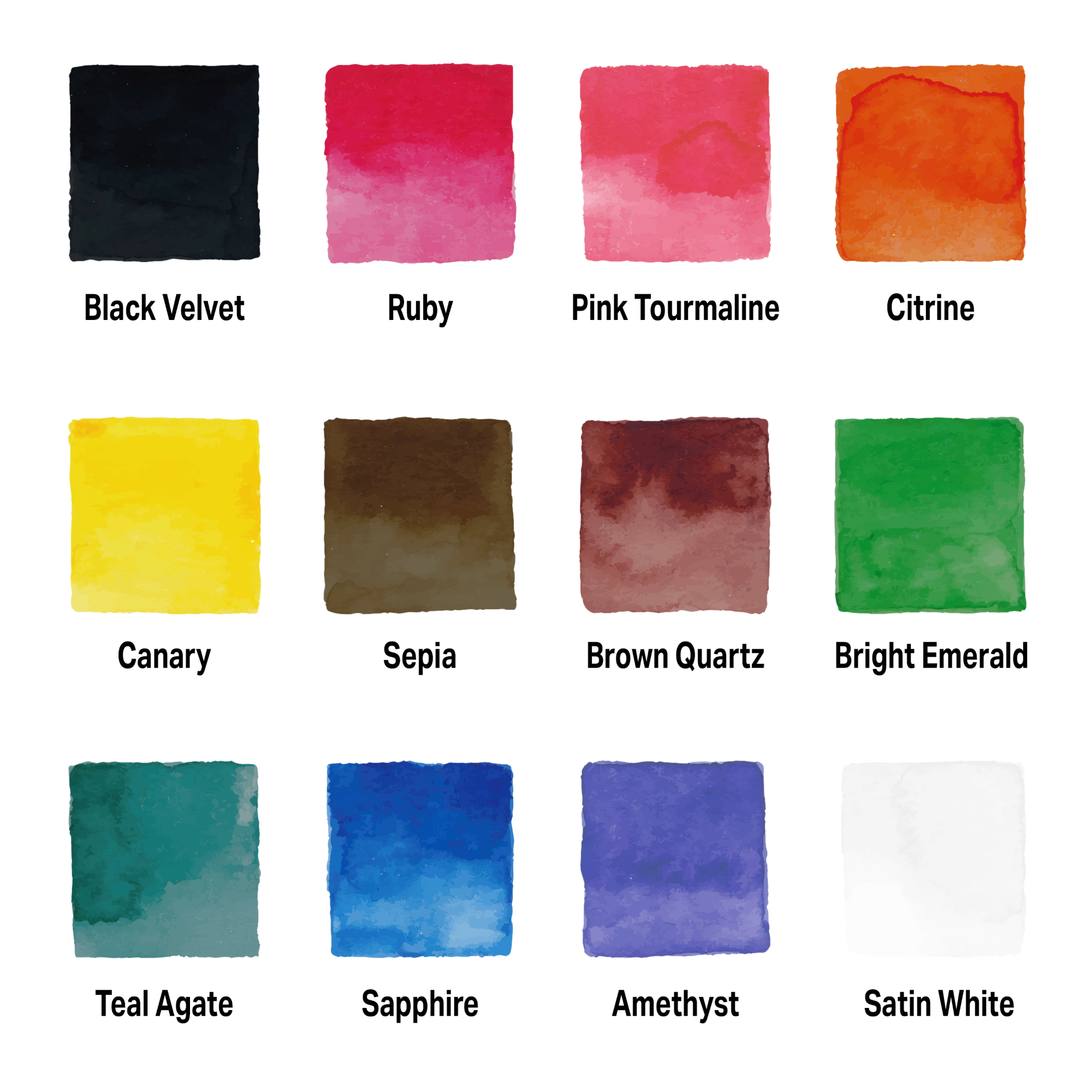 Colour swatches with labels including Black Velvet, Ruby, Pink Tourmaline, Citrine, Canary, Sepia, Brown Quartz, Bright Emerald, Teal Agate, Sapphire, Amethyst, and Satin White.
