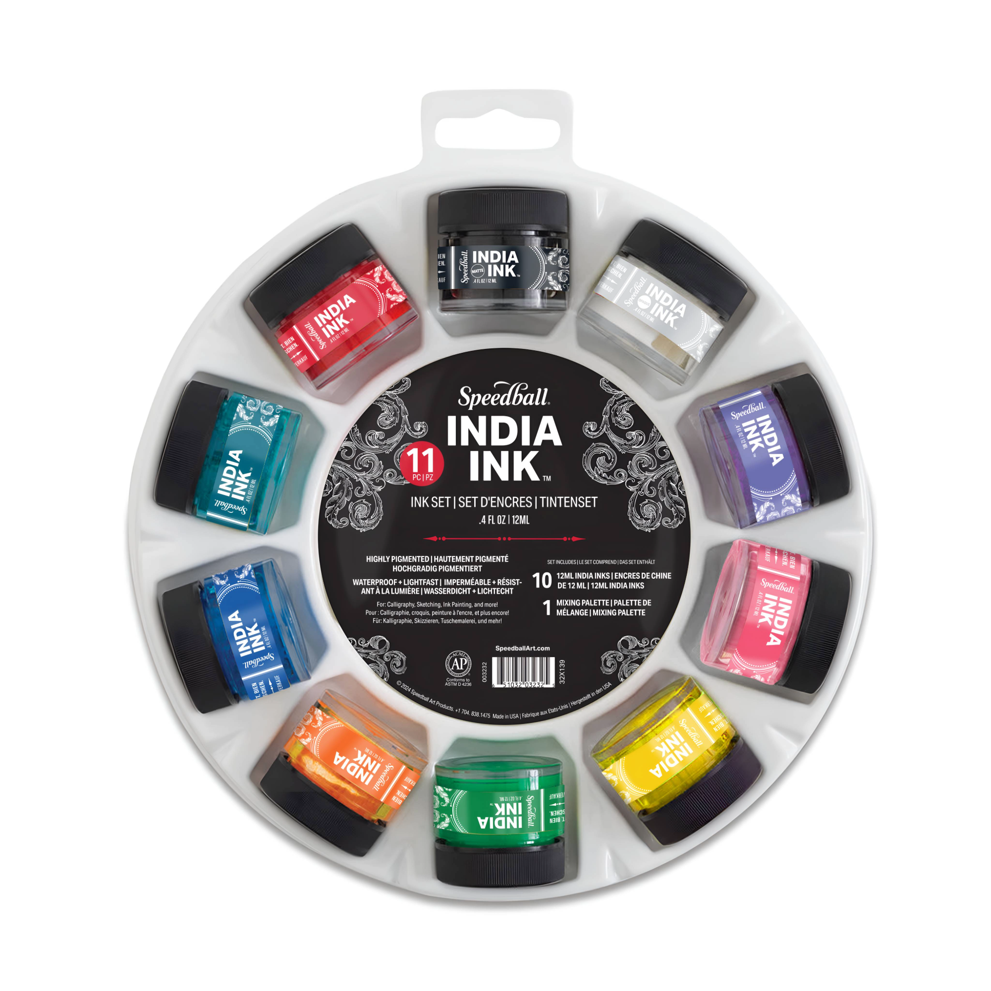 Speedball India Ink set with 10 colors in a circular tray on a white background
