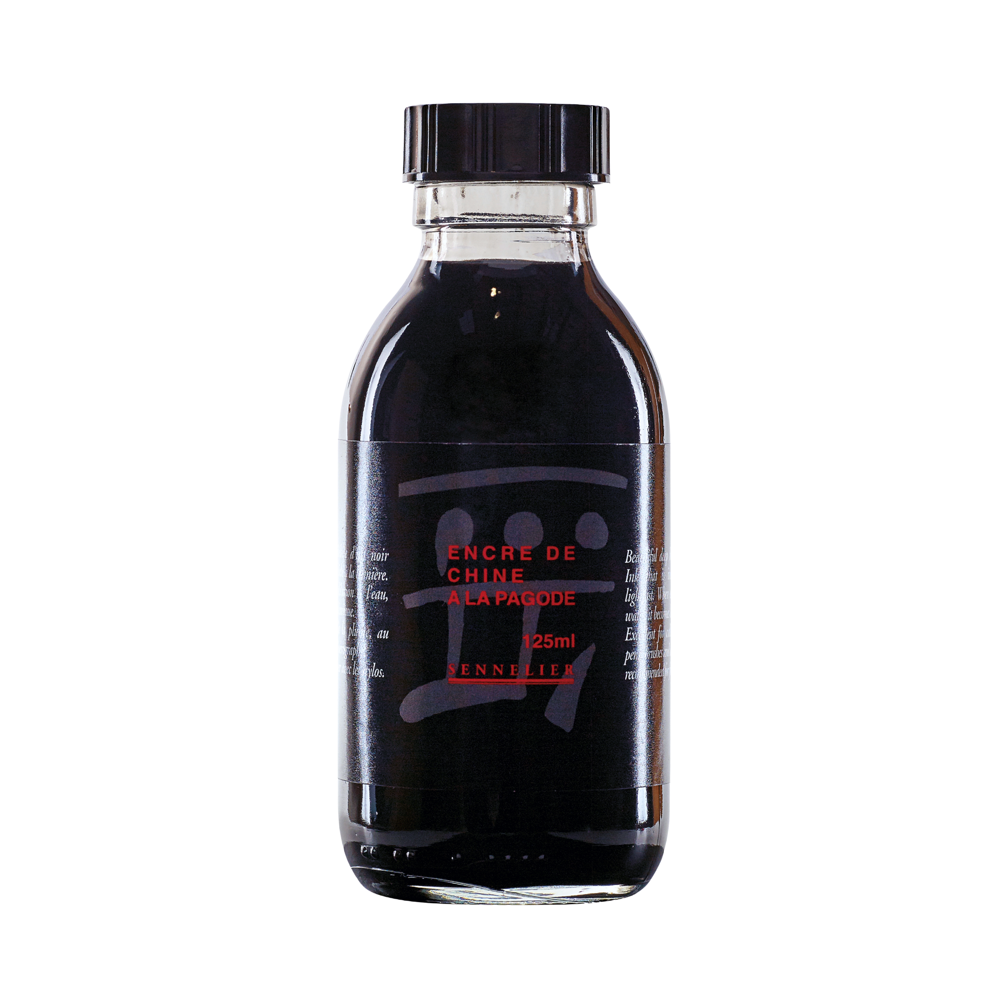 Bottle of black ink with a label showing A La Pagode and Sennelier brand logo on a white background