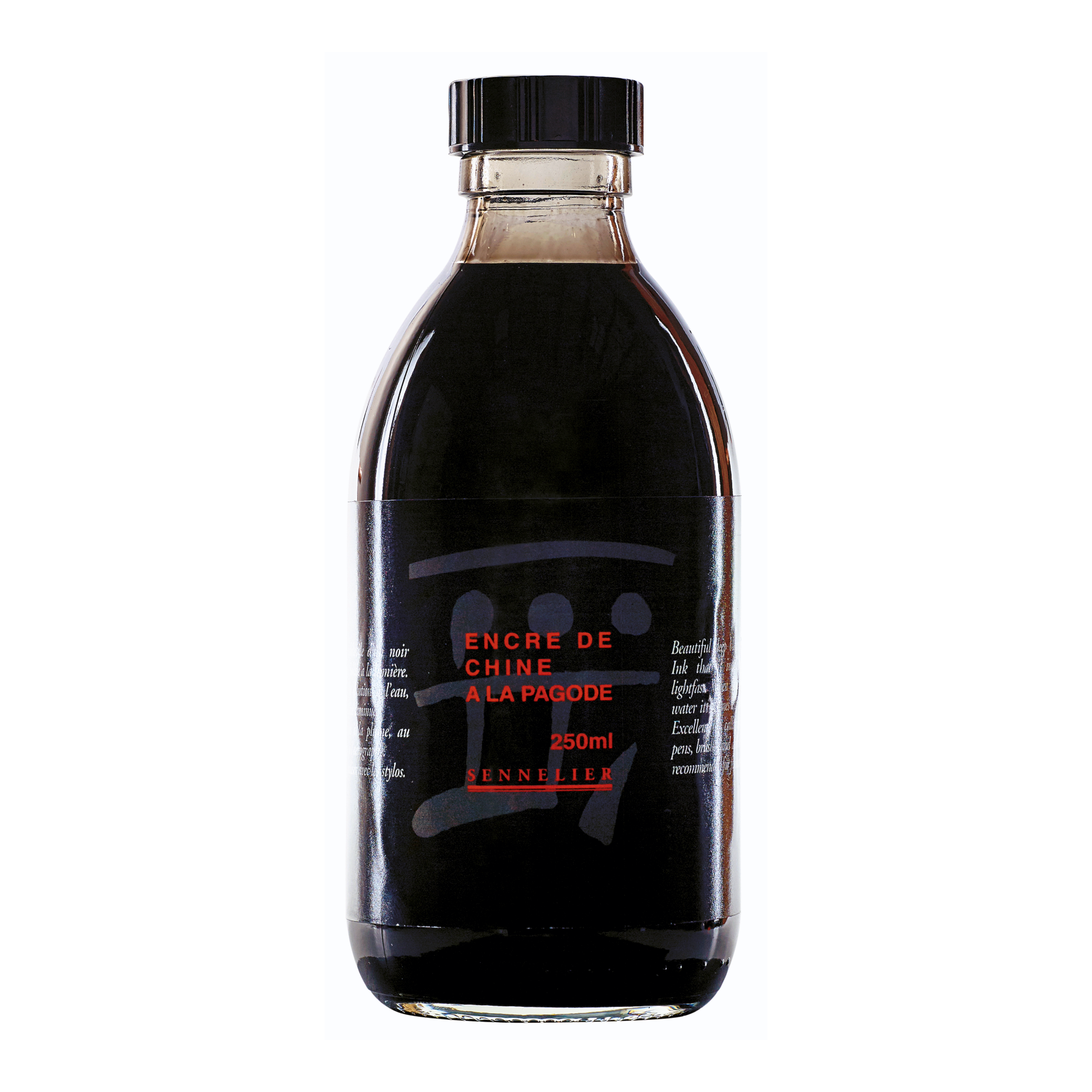 Bottle of black ink with a label showing A La Pagode and Sennelier brand logo on a white background