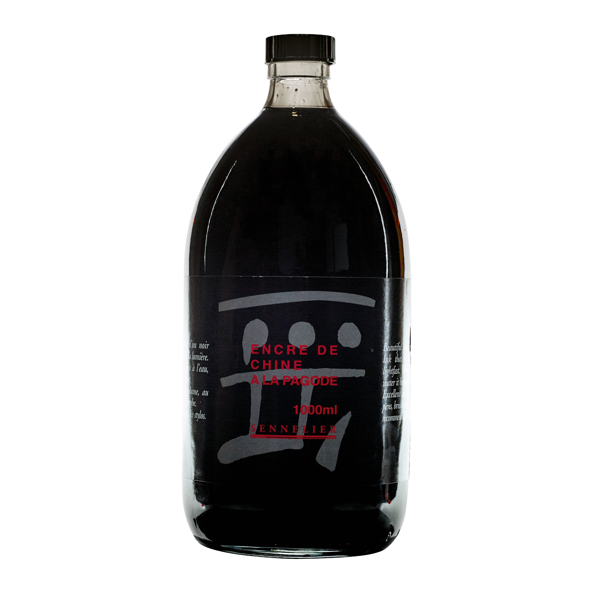 Bottle of black ink with a label showing A La Pagode and Sennelier brand logo on a white background
