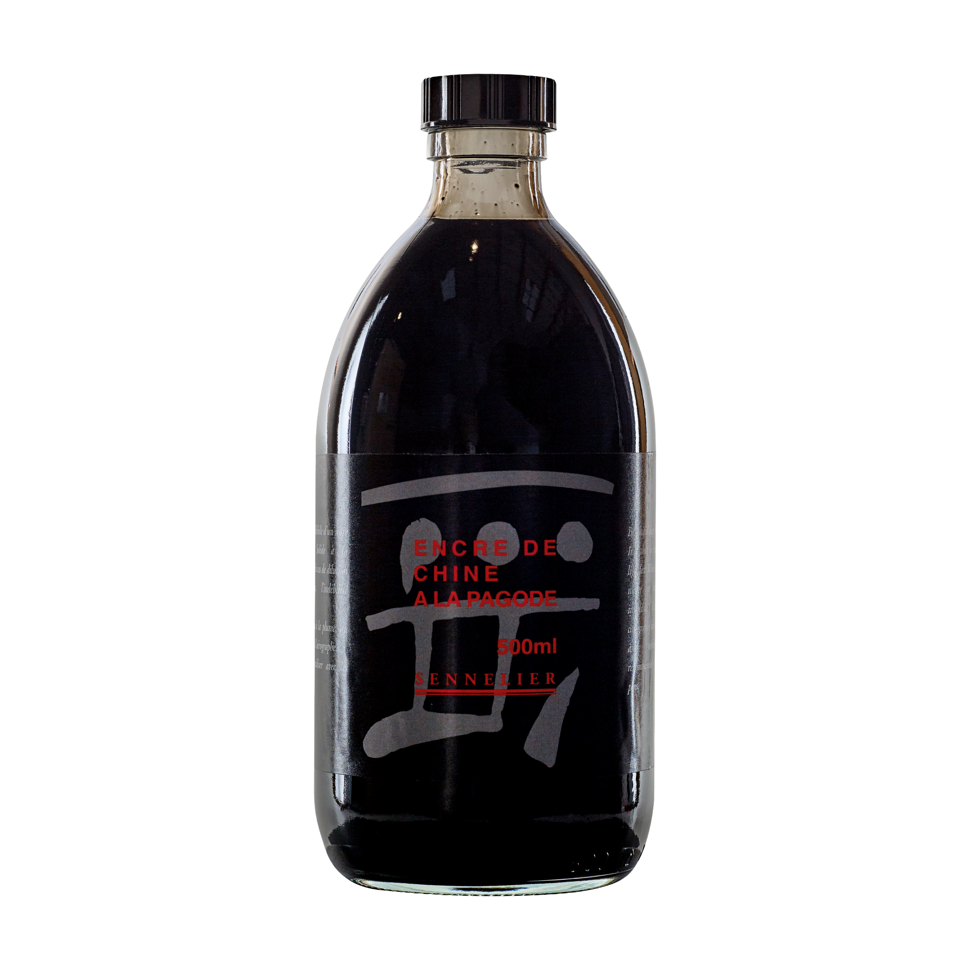 Bottle of black ink with a label showing A La Pagode and Sennelier brand logo on a white background