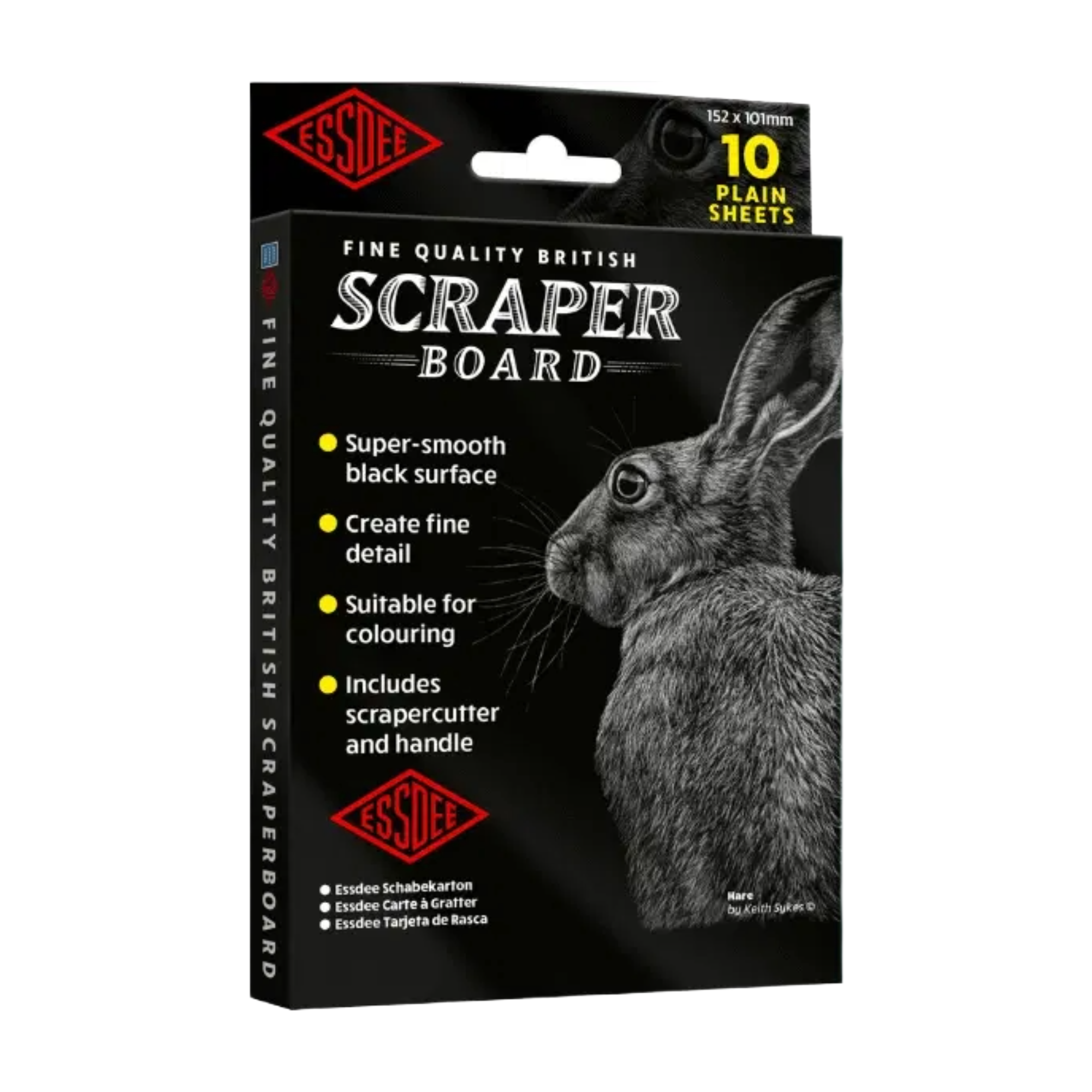 Packaging of Essdee scraper board with a rabbit illustration on a white background