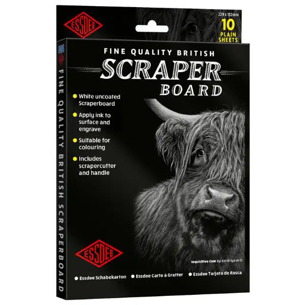 Packaging of Essdee scraper board with a highland cow illustration on a white background