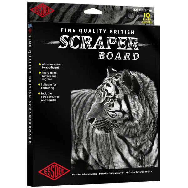 Packaging of Essdee scraper board with a tiger illustration on a white background