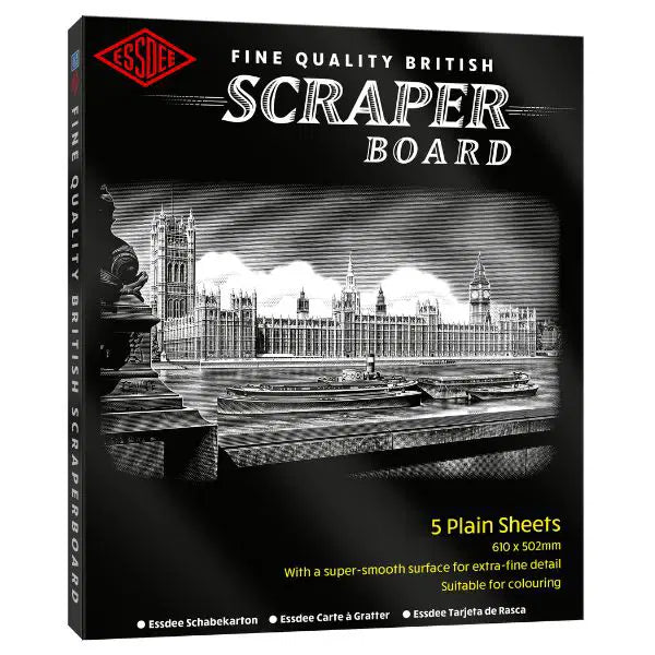 Packaging of Essdee scraper board with a london cityscape illustration on a white background