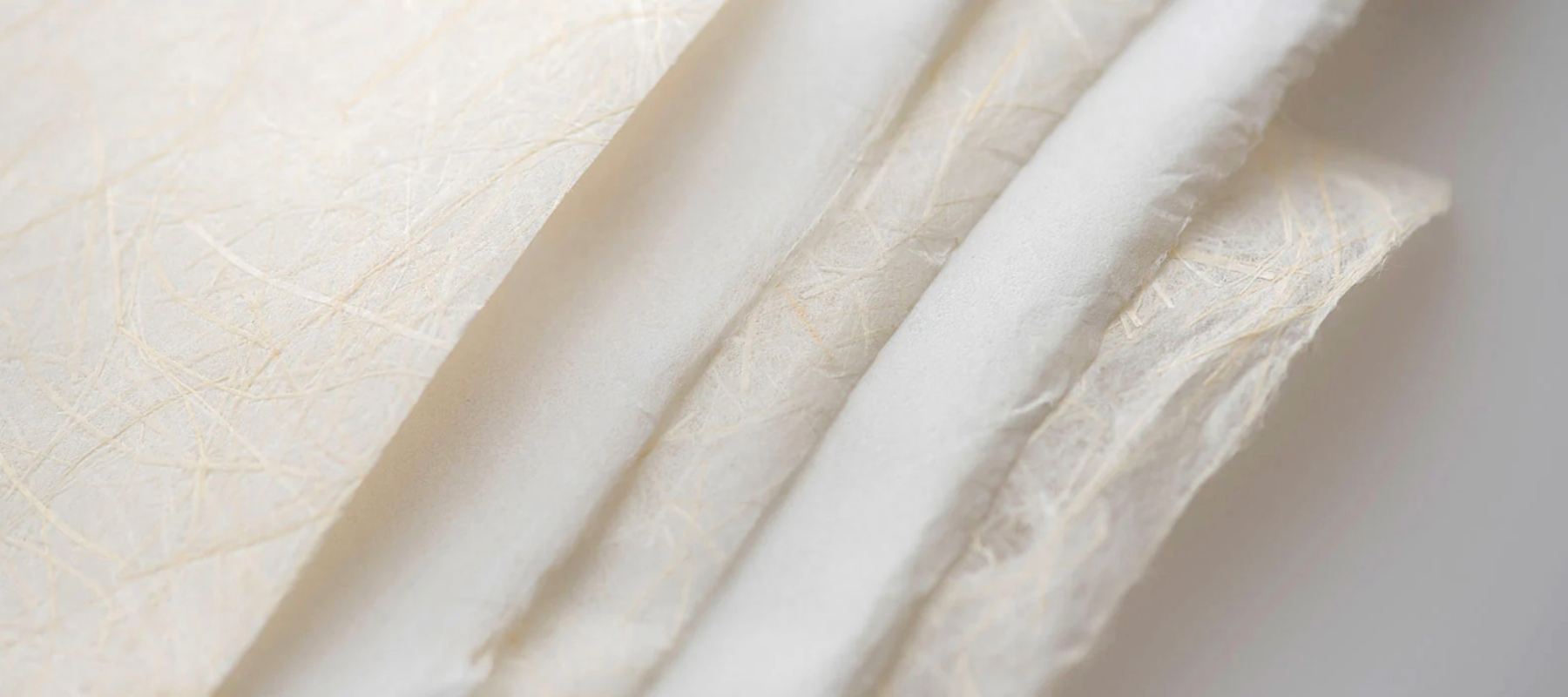 Details of the edges of various white and off white Japanese papers, some smooth and some with visible fibres.