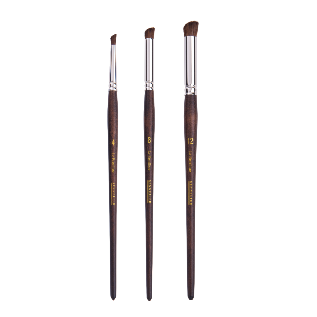 Sennelier Pastel Brushes featuring a wood look handle and silver ferrule. One of each size: 4, 8 and 12 on a white background.