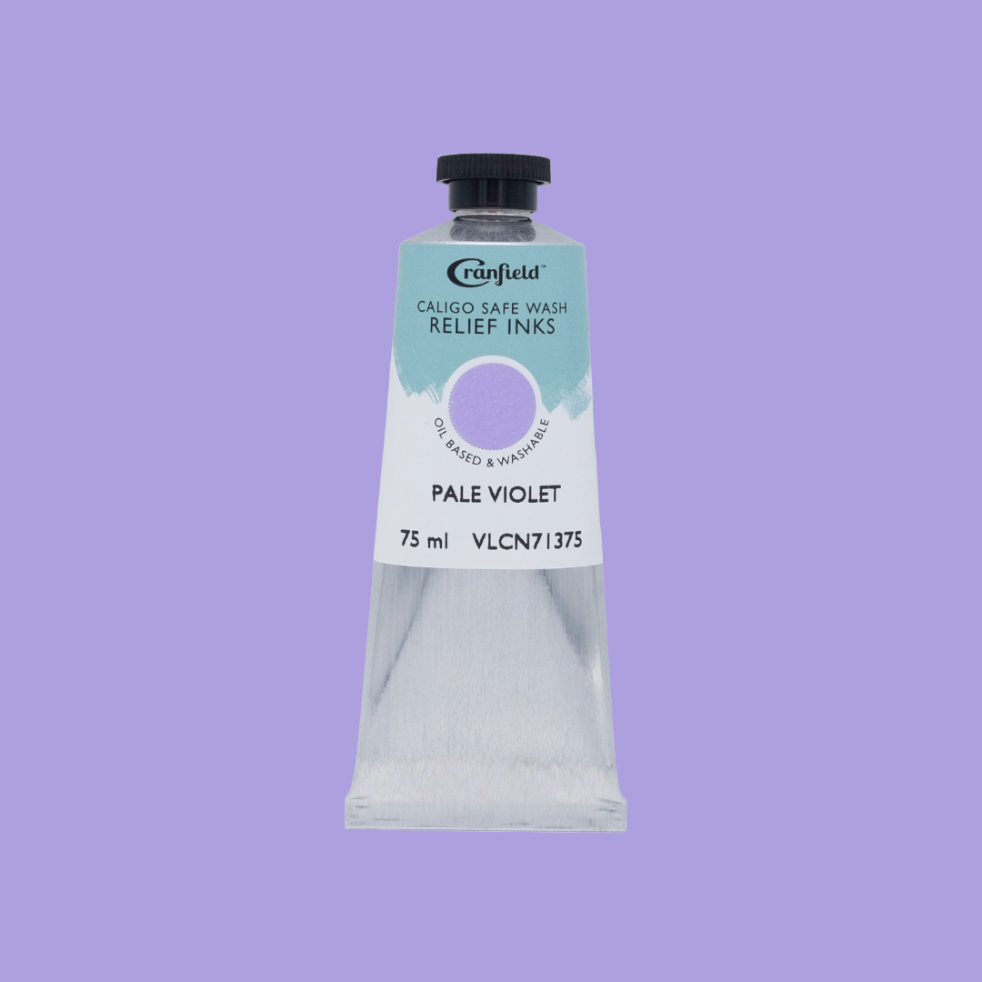 A tube of Pale Violet Caligo Safe Wash Relief Ink on a Pale Violet background