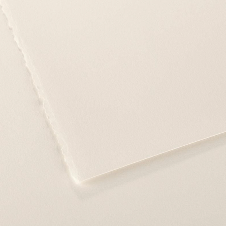 A close-up image of a Canson Editioning Paper with a focus on its light texture and showing one deckled edge and one cut edge.