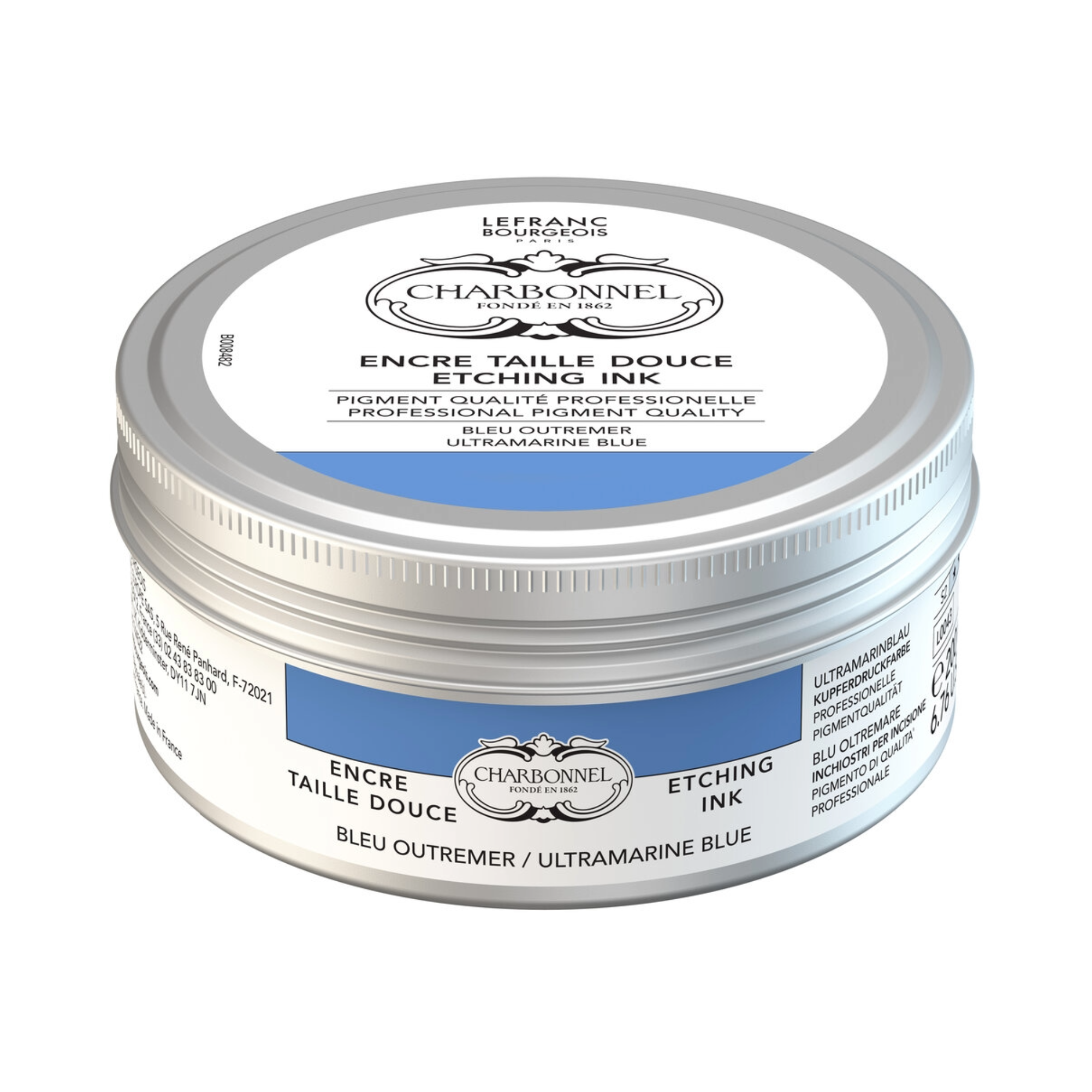 Tin of Charbonnel etching ink with blue label on a white background