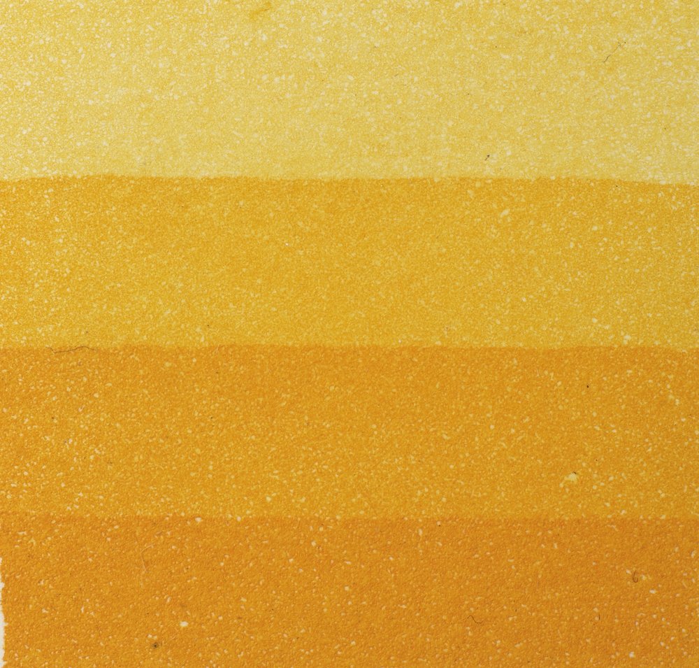 An aquatint test print in yellow showing 4 depths of tone.