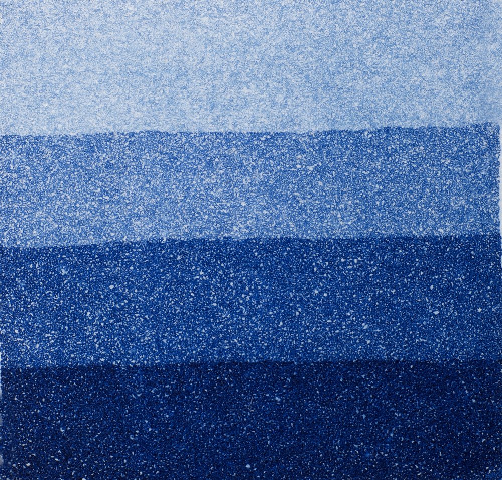 An aquatint test print in blue showing 4 depths of tone.