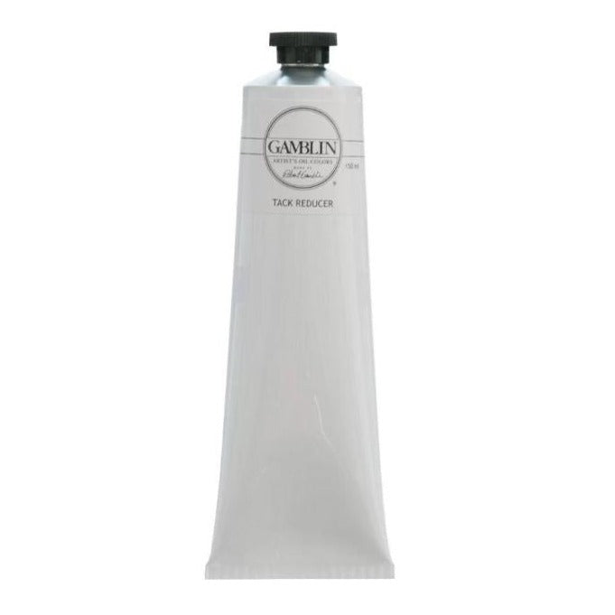 A tube of Gamblin tack reducer, primarily white in colour with black and  text and details.