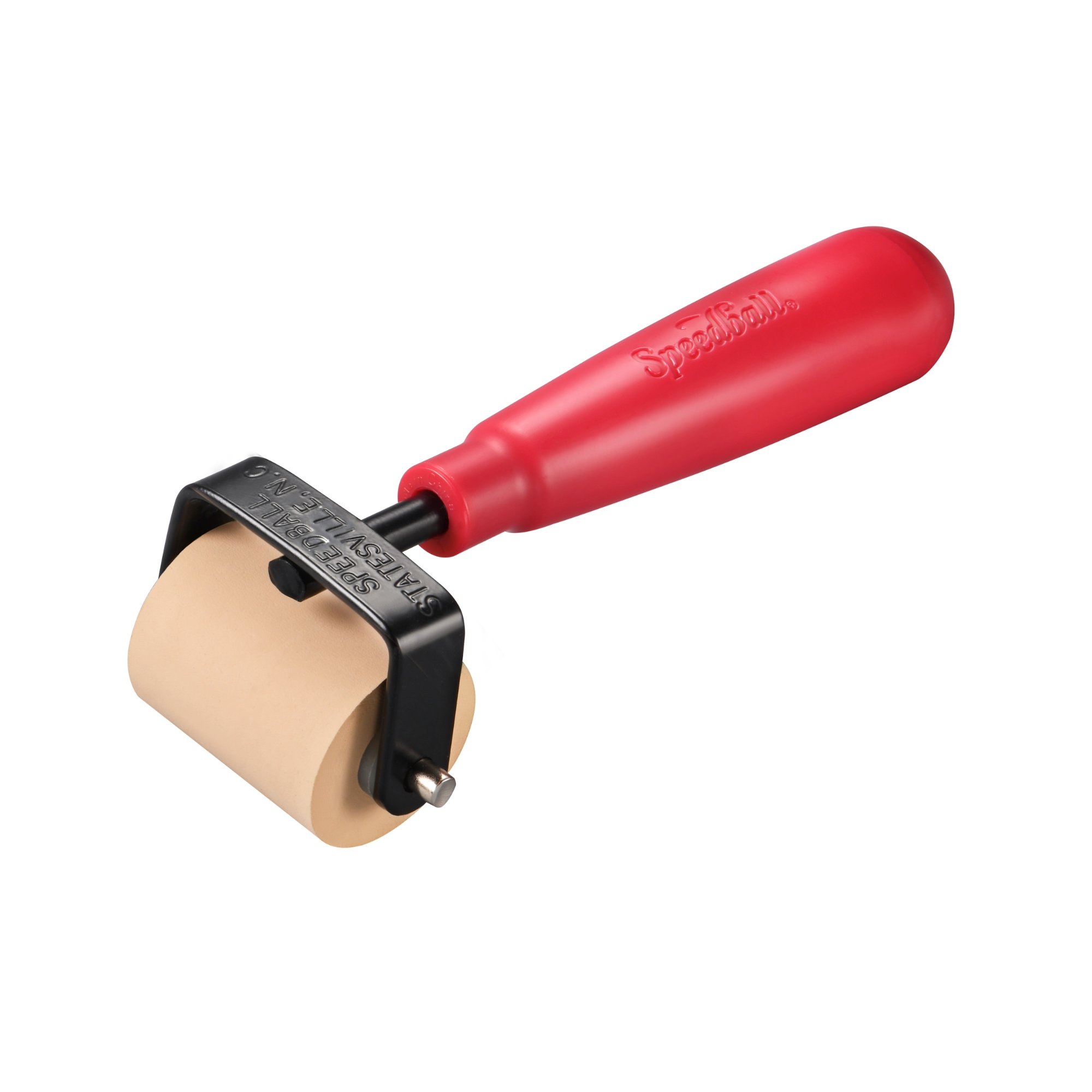 Beige rubber roller with black metal frame and red handle on a white background