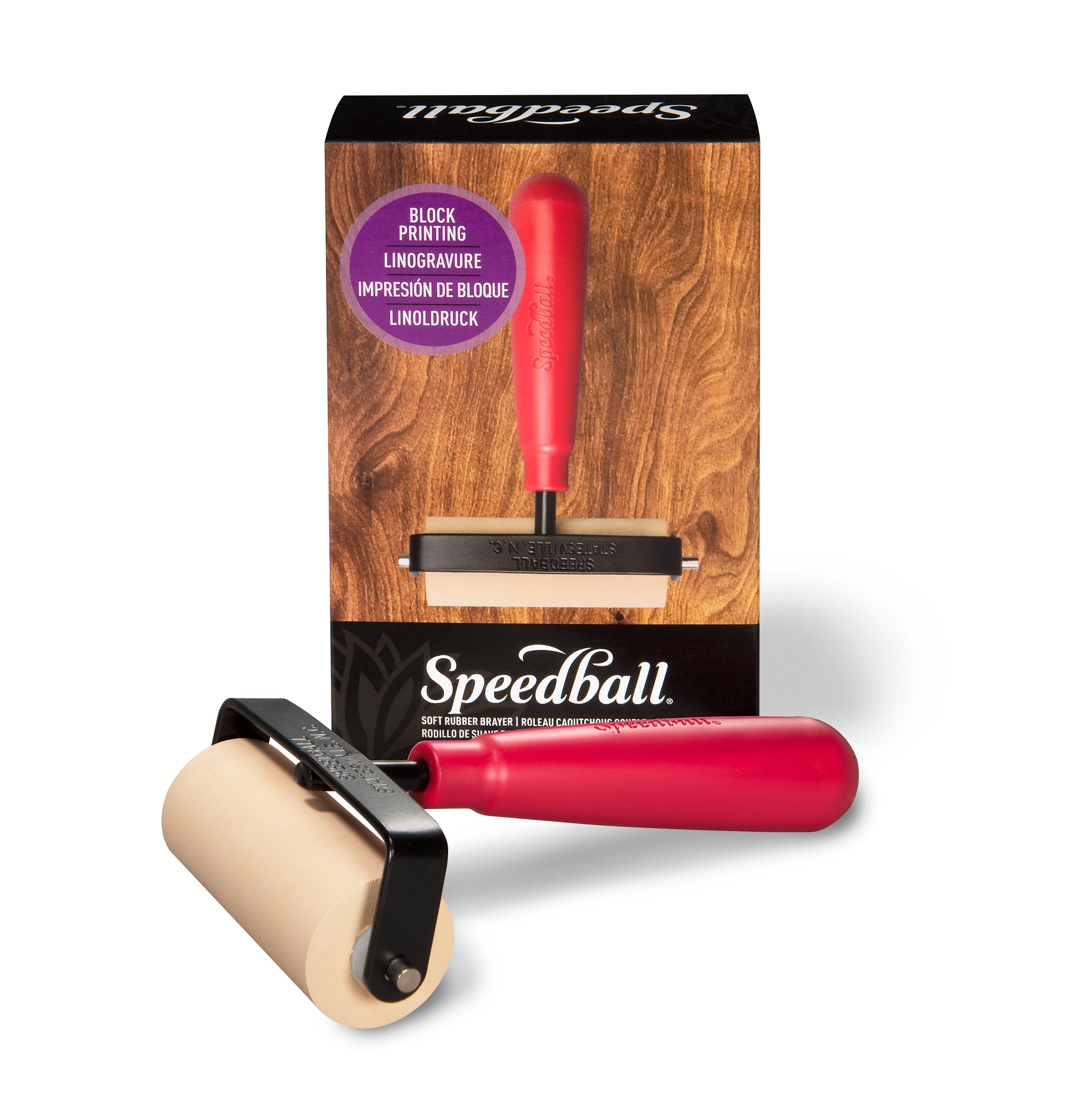 Speedball block printing rubber roller with a red handle and black frame displayed in front of packaging on a white background 