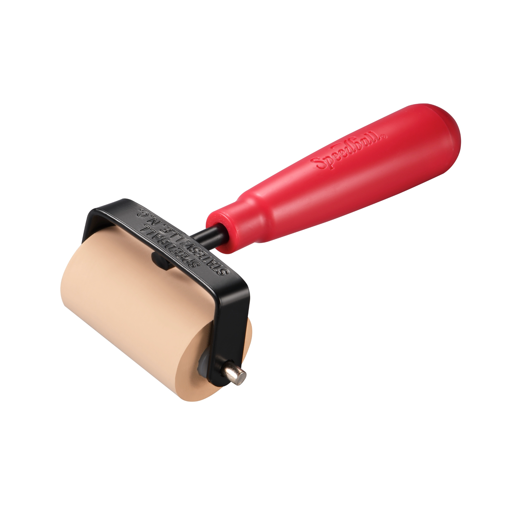 Beige rubber roller with black metal frame and red handle on a white background