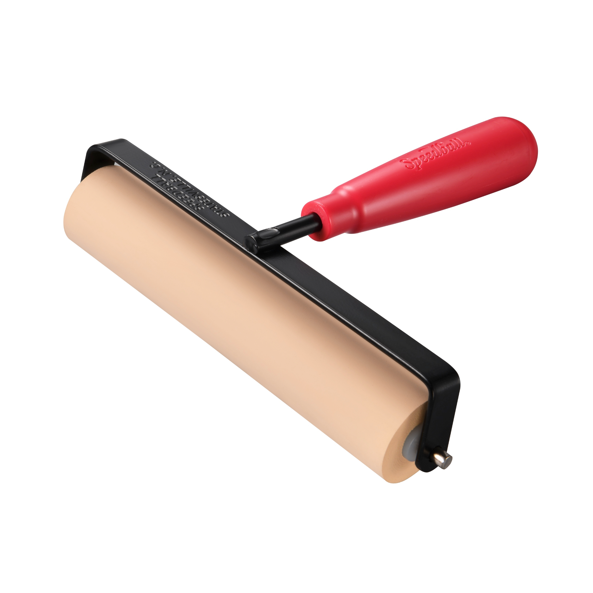 Beige rubber roller with black metal frame and red handle on a white background