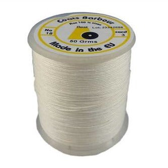 A spool of natural bookbinding thread made by Coats Barbour, displayed against a white background.