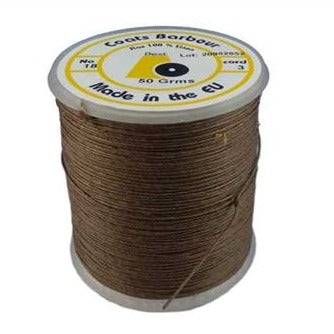 A spool of brown bookbinding thread made by Coats Barbour, displayed against a white background.