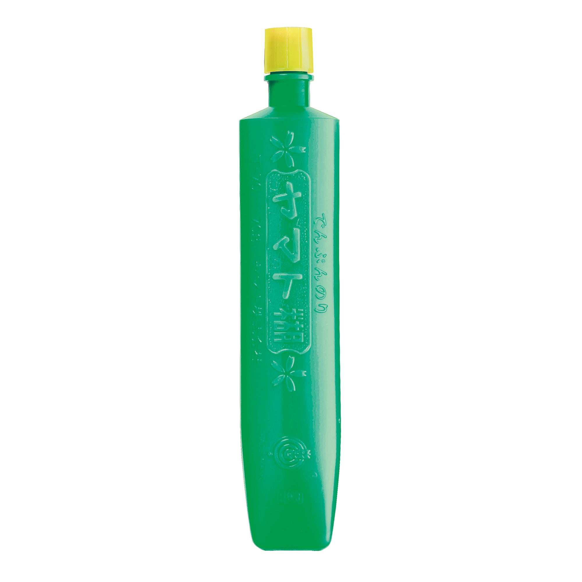 Green bottle with a yellow cap on a white background