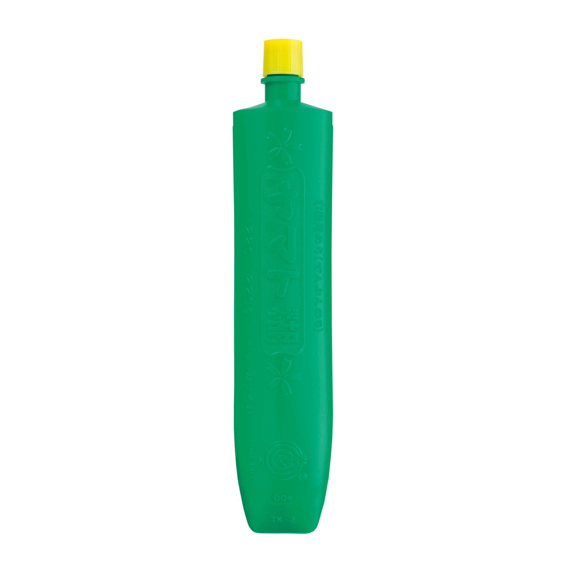 Green bottle with yellow cap on a white background