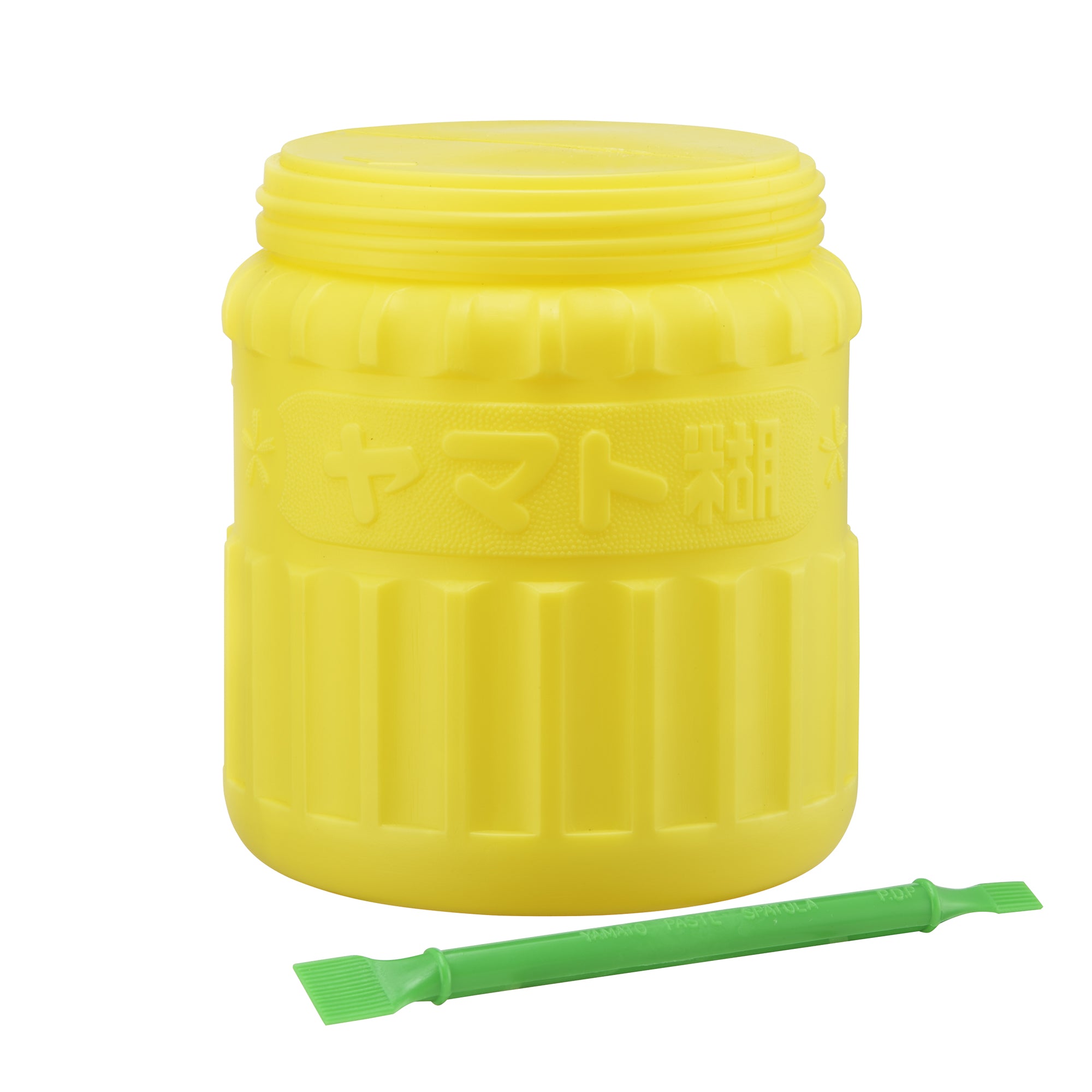 Yellow plastic container with a green tool on a white background