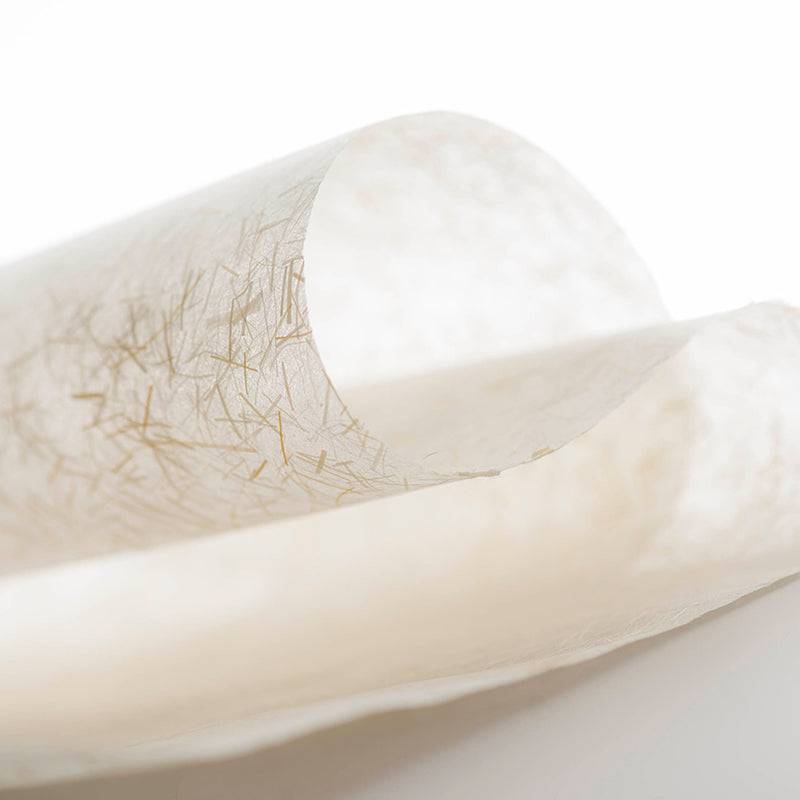 A rolled up piece of beige, deckled edge paper with short fibres flecked throughout, showing the texture and thickness of the material.