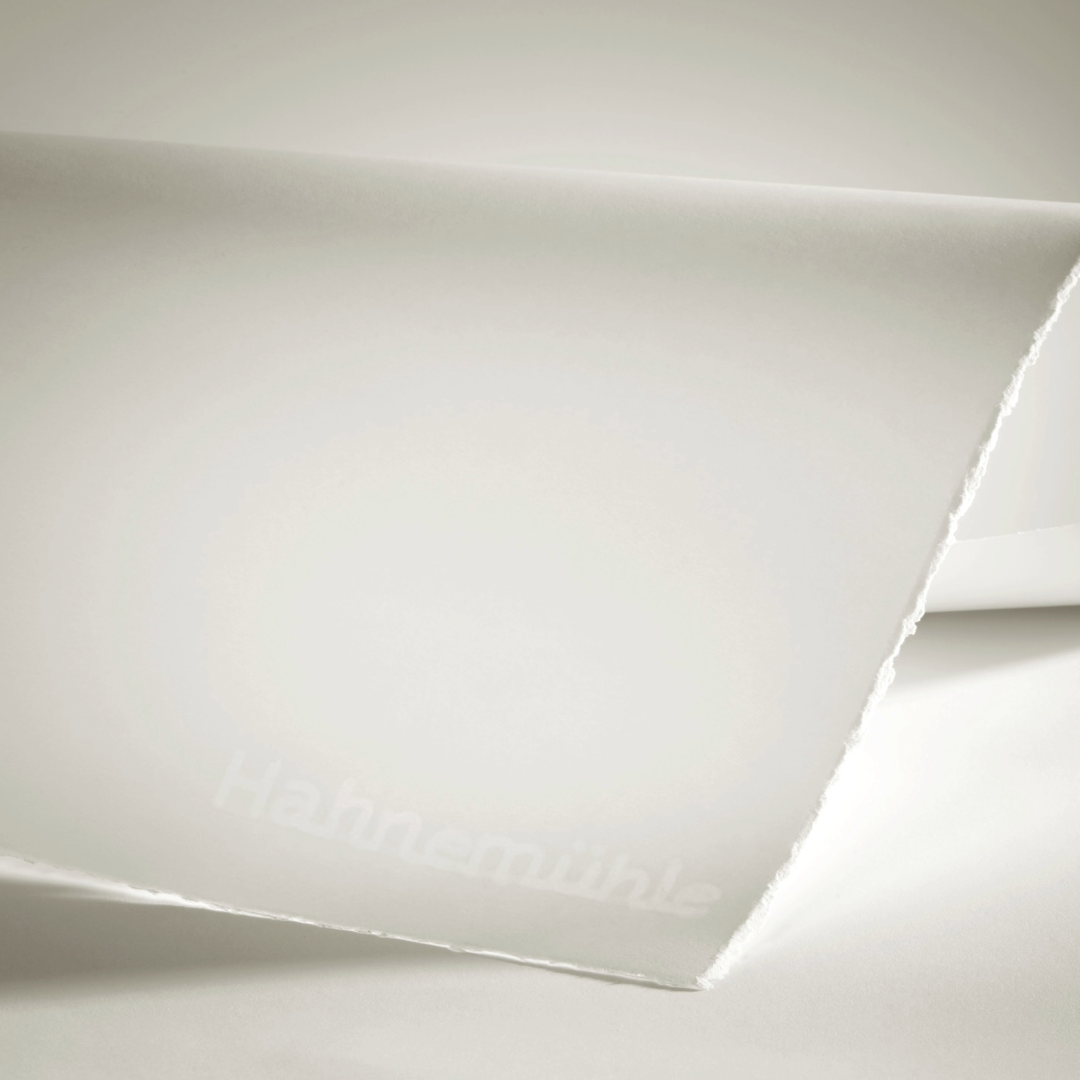 Curled sheet of smooth white  100% cotton printmaking paper with  a watermark reading 'Hahnemuhle'.  