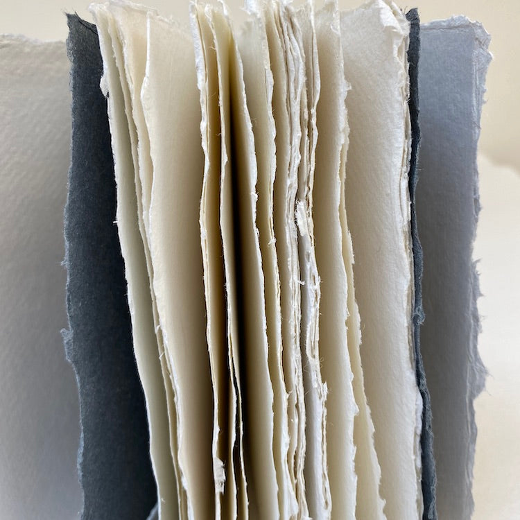 Close-up of textured paper with deckled edges mostly in white but with two grey sheets on each end.