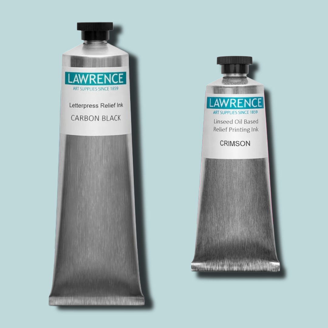 Two tubes of Lawrence Inks one letterpress relief and one smaller Oil Based Relief Printing Ink on a light blue background.