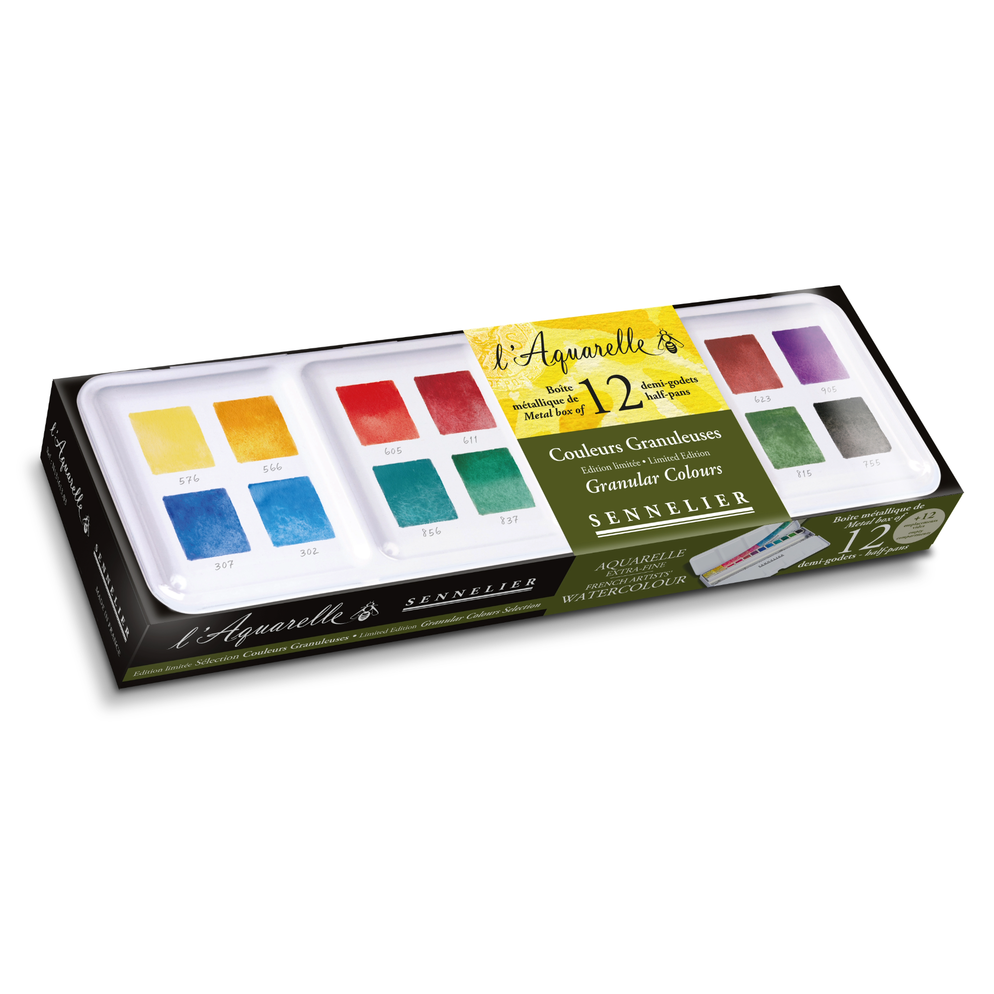 Sennelier watercolour set packaging with colour swatches on a white background