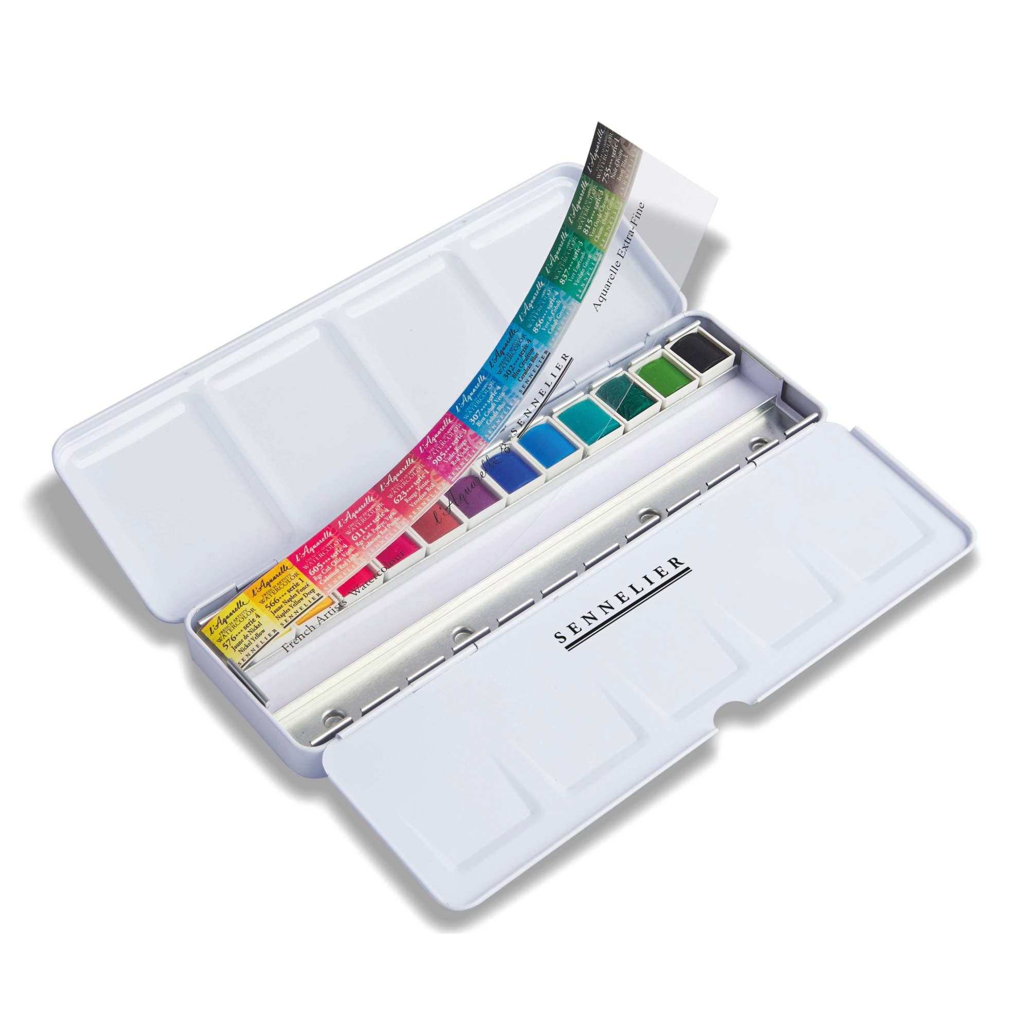 Sennelier watercolour paint set in a white metal tin with 12 half pan colours. Displayed on a white background