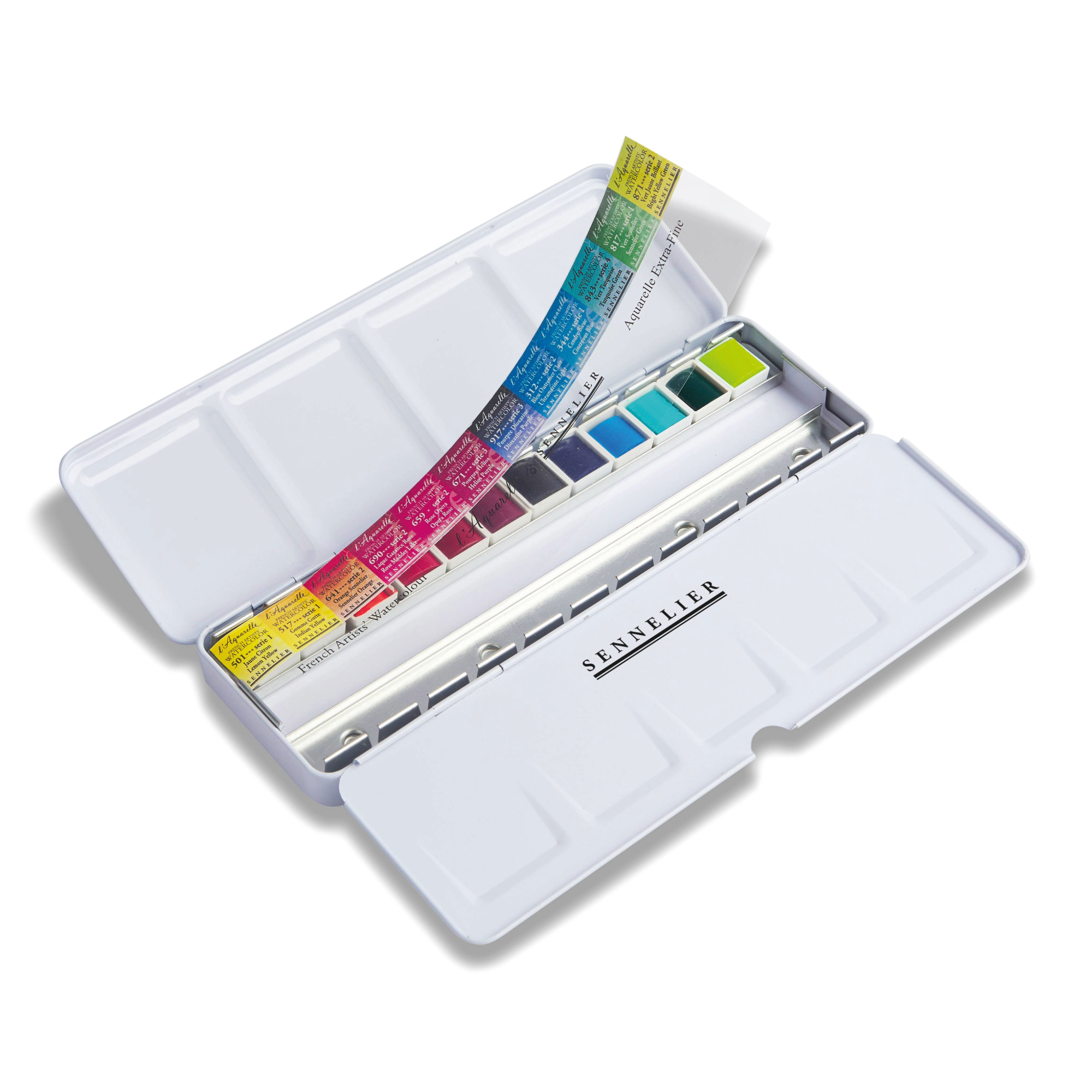 Sennelier watercolour paint set showing 12 half pans in a white metal tin.